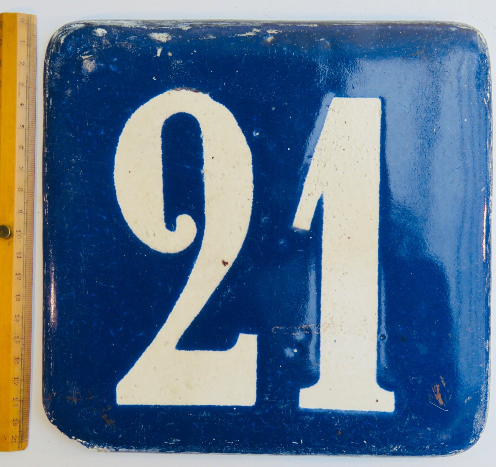 STREET NUMBER PLATE, ANTIQUE, COBALT BLUE VARNISHED CERAMIC, No. 21