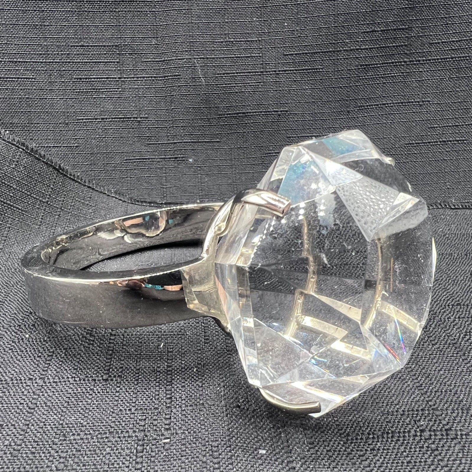 Large Cut Glass Store Display Diamond Ring. 4 in. Silver Metal Band