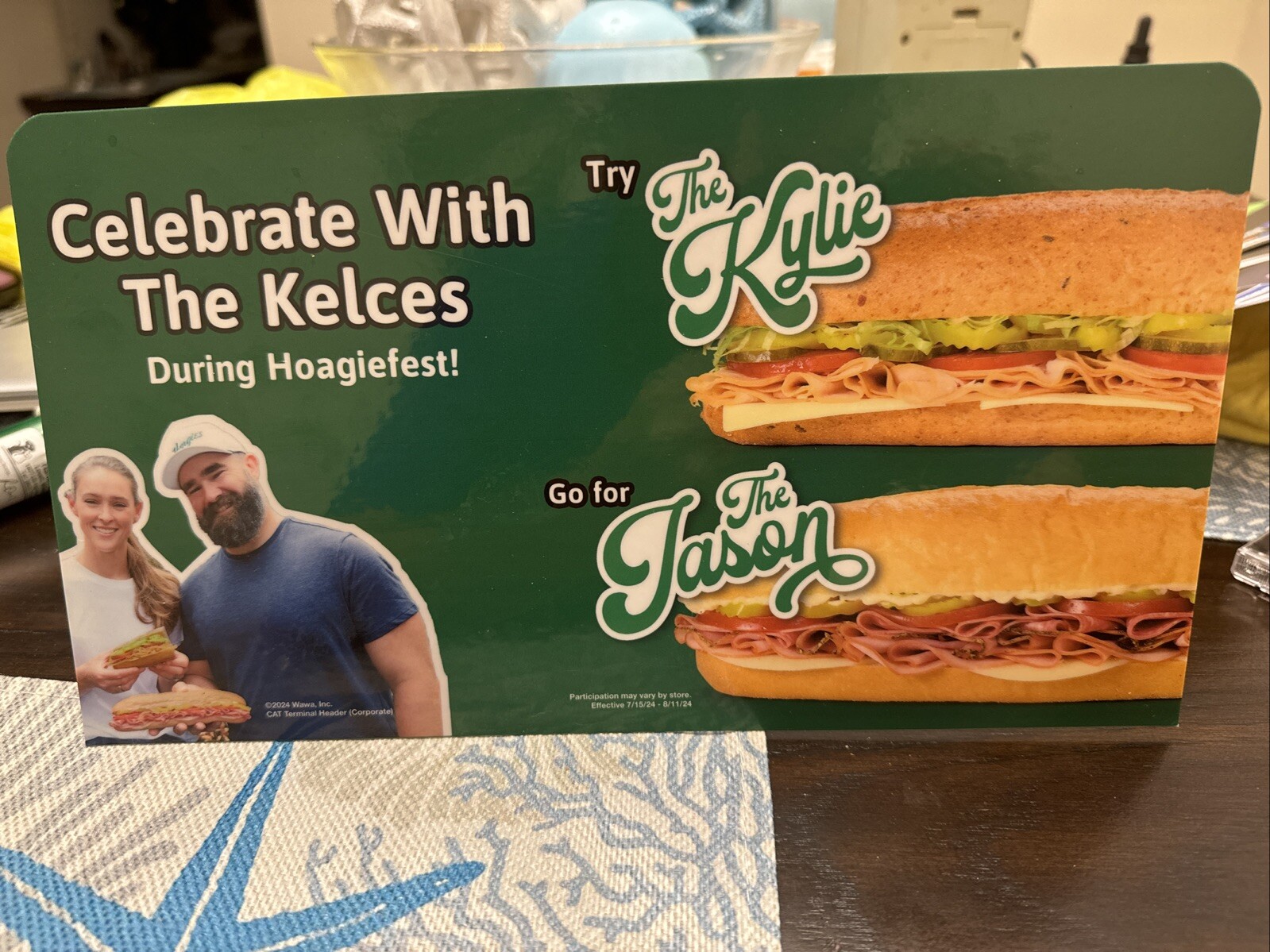 Jason & Kylie Kelce 2024 Wawa 11”x6” Celebrate Hoagiefest Advertisement Sign