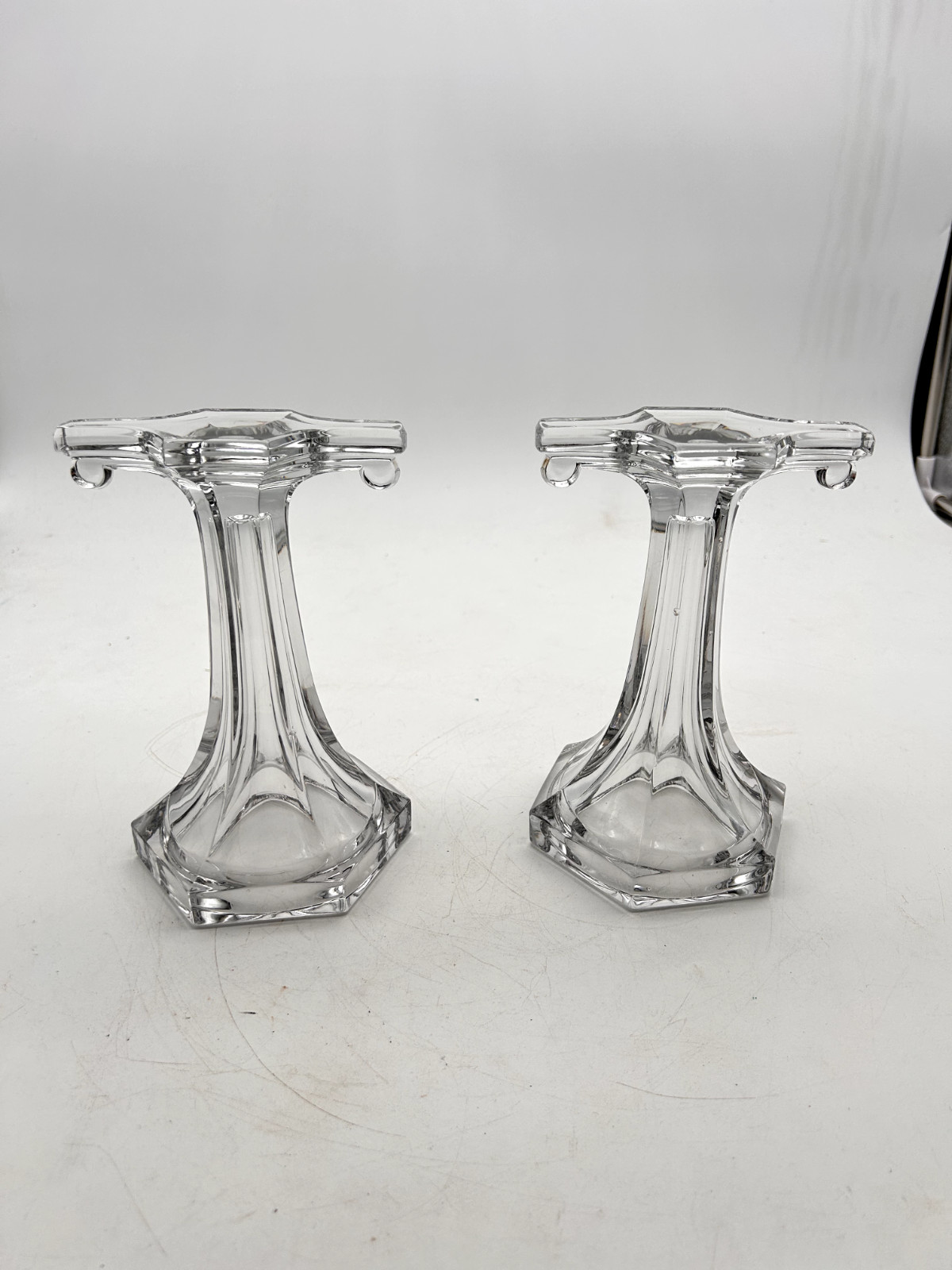 Pair of Manganese Clear Glass Shelf Supports/ Display Stand Glows