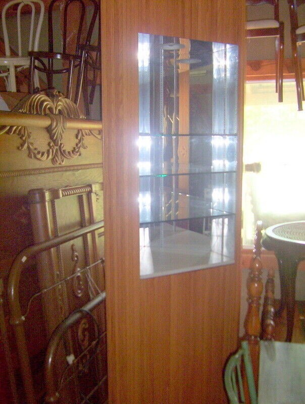 Corner Oak cabinets /Art/Museum Treasures lighted display 95X35X22 have 2