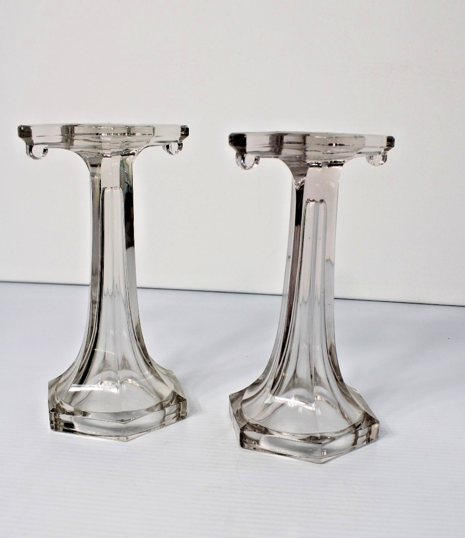 Antique Clear Glass Shelf Risers, Pedestals, Store Display Columns Pair 9″H