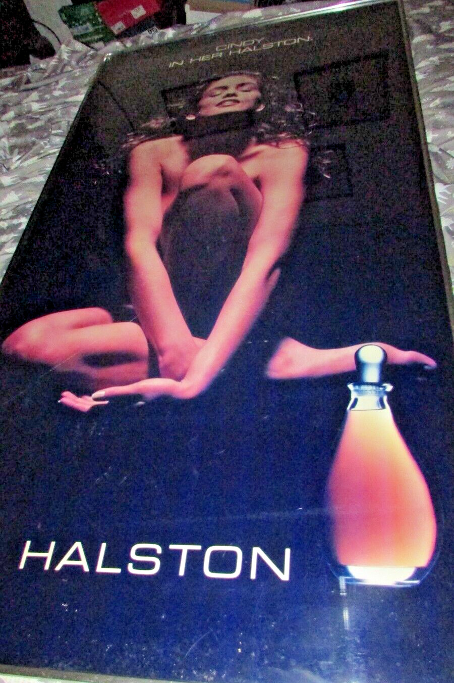 HUGE 1989 STORE DISPLAY 50″ X 26″ PICTURE CINDY IN HALSTON FRAMED ADVERTISEMENT