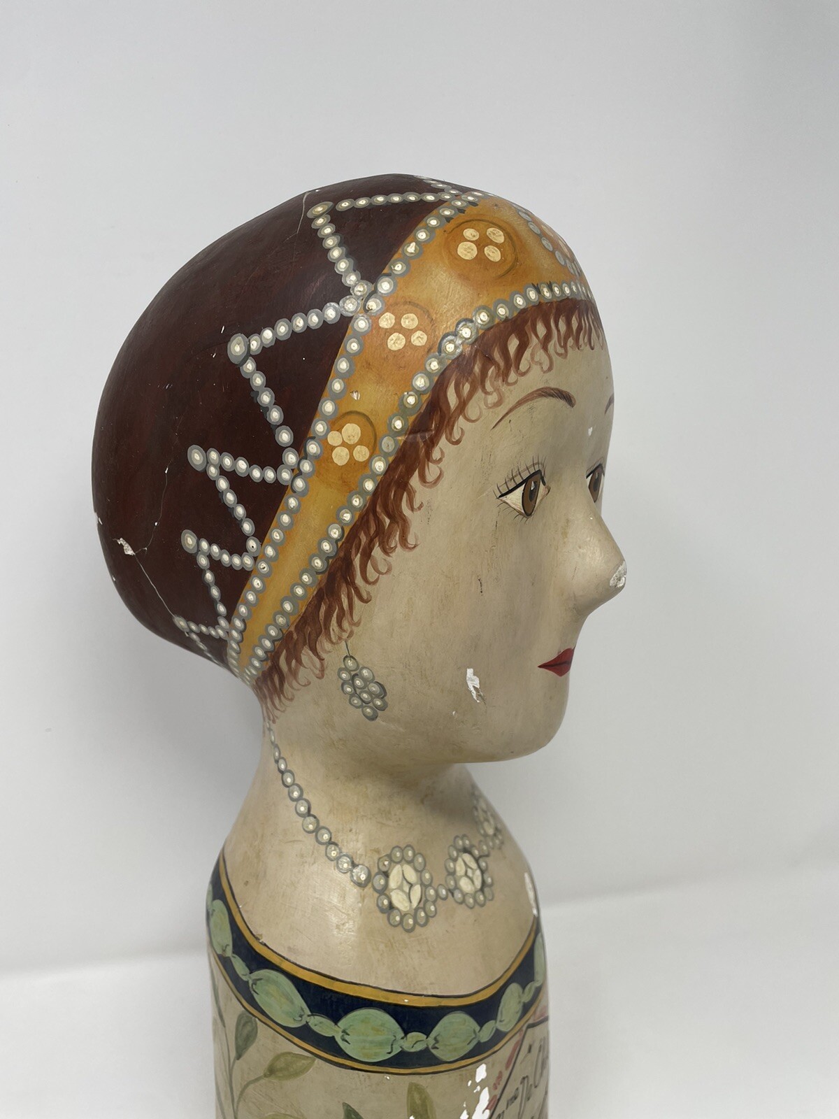 Vintage Hand Painted Millinery Plaster Head- Mme De Chelles French Display HATS