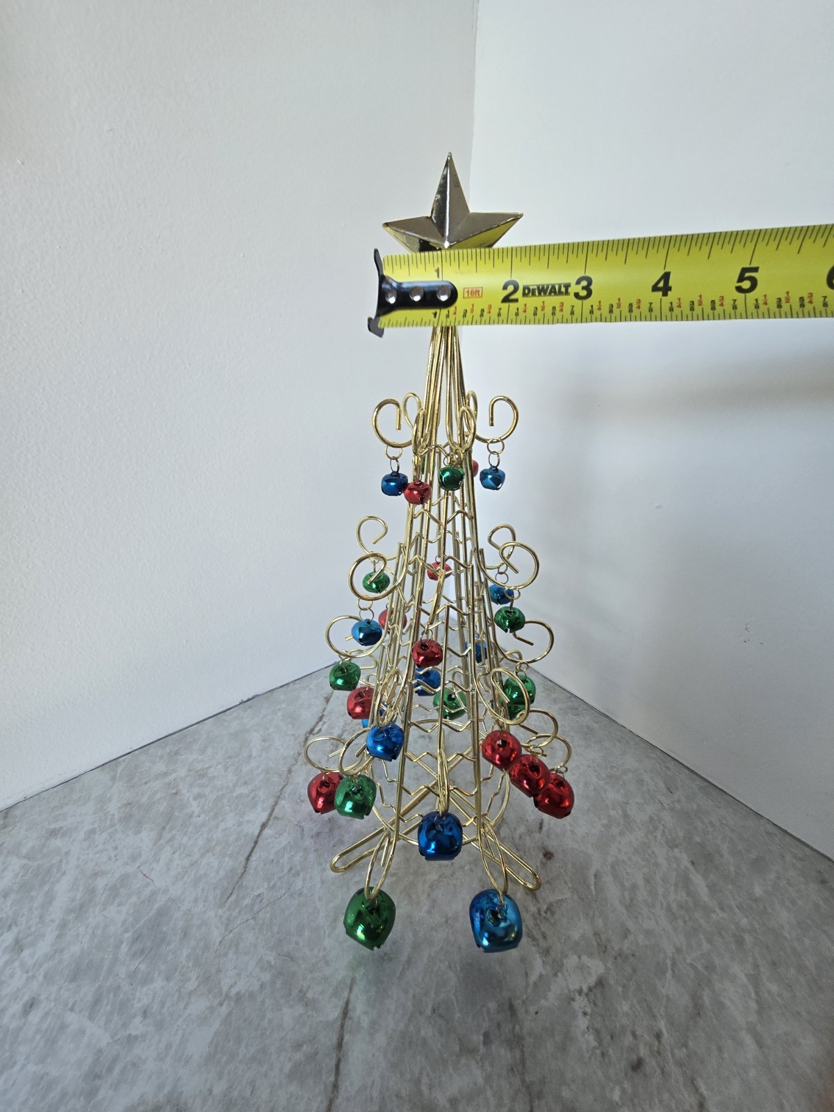 Vintage Gold Metal Wire Christmas Tree W/Jingle Bells And Star Tabletop Decor