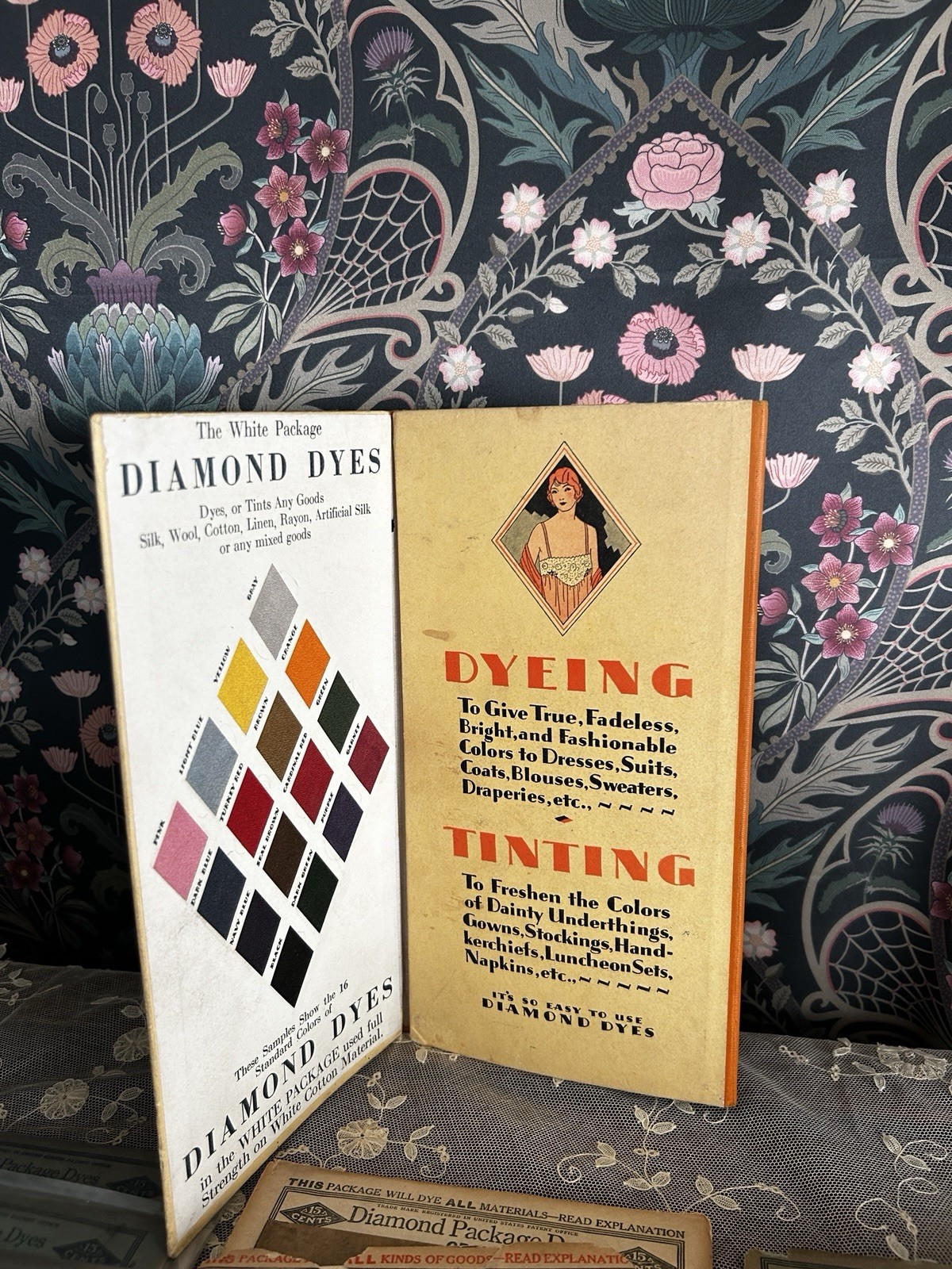 Art Deco 1920s Diamond Dyes Color Fabric Swatches Display + 16 Unused Dyes Silk