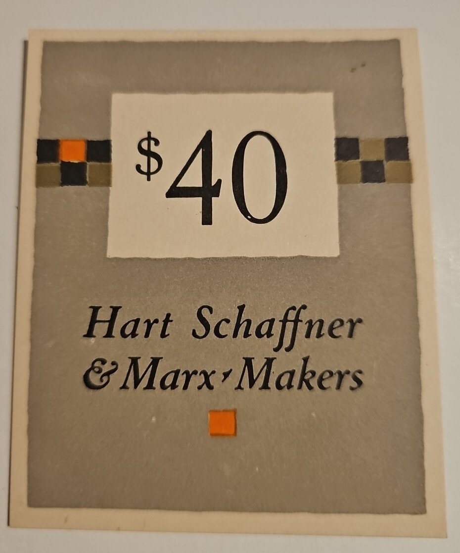 Vintage Hart Schaffner & Marx Makers $40.00 Price Ticket Tag
