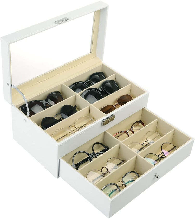 White 12-Compartment Sunglasses Display Case w/ Glass Lid and Leatherette Trim