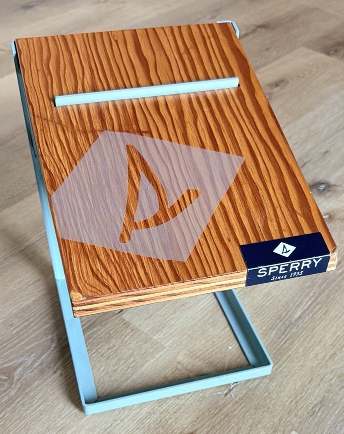 Vintage Sperry Top Sider Shoe Store Display Riser C Table Sign Metal Wood Mint