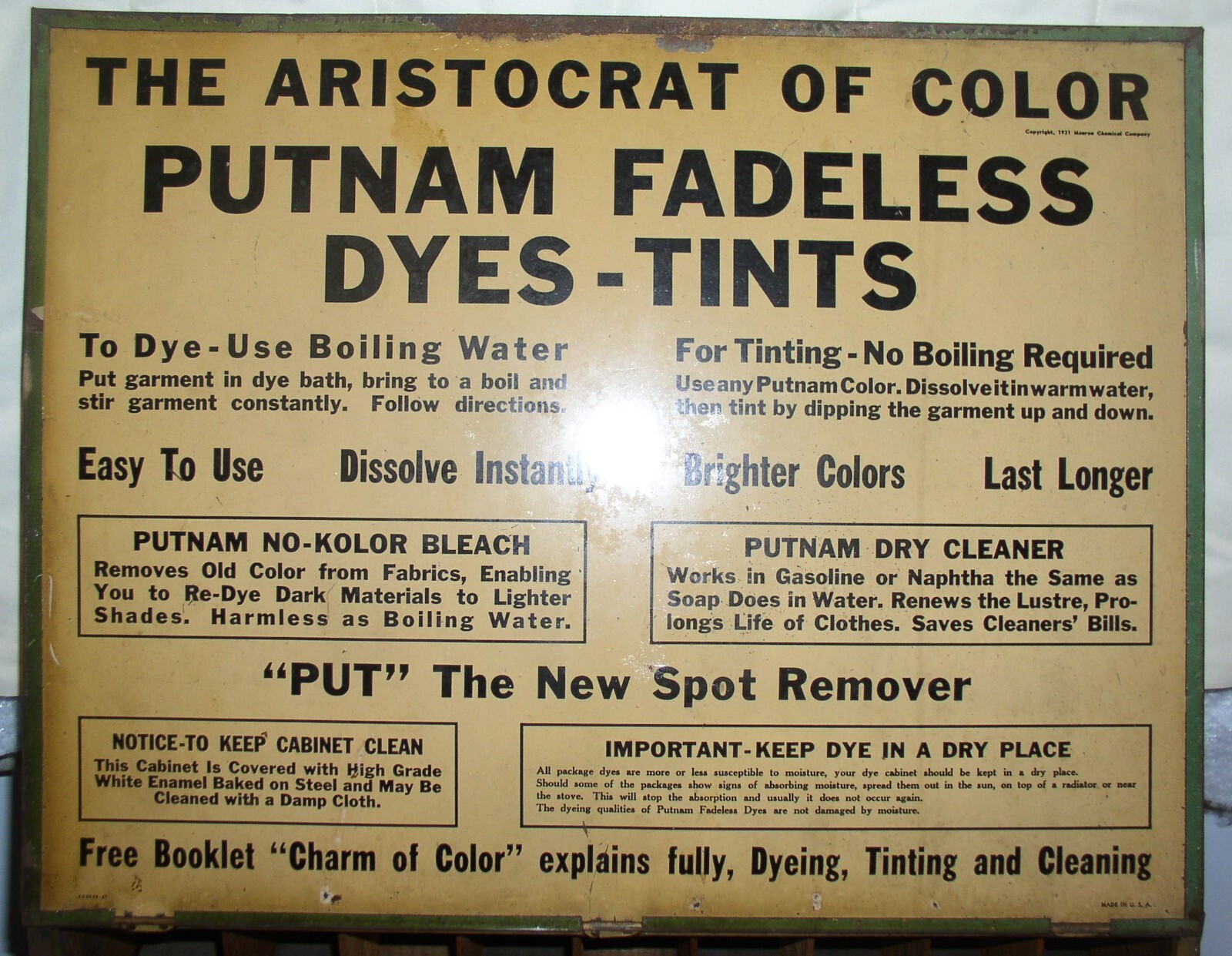 Putnam’s Fadeless Dyes-Tints antique Store Counter Display Cabinet Metal/Wood