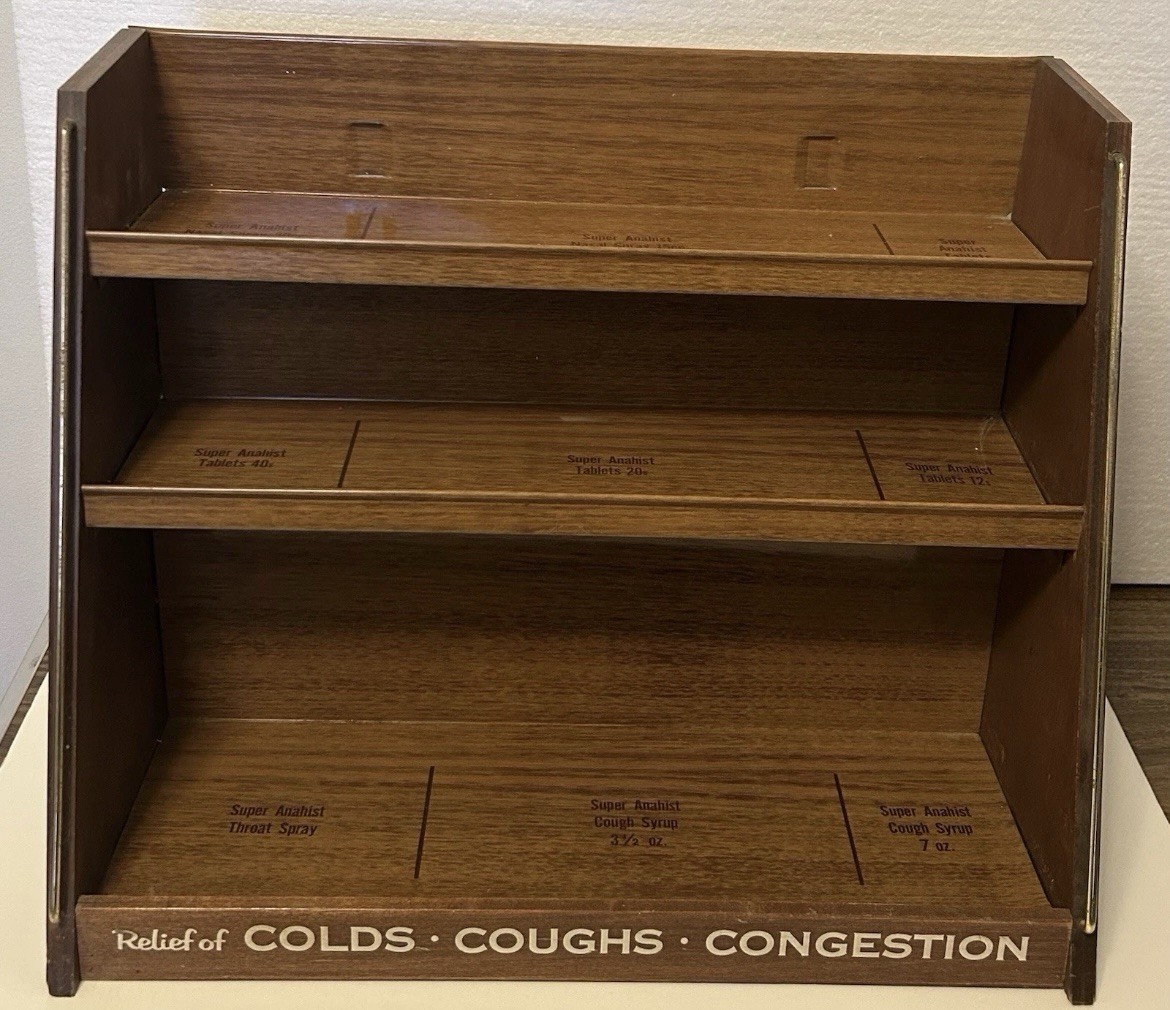 1960’s Aluminum & Wood Store Display Rack “Relief Of Colds Coughs Congestion”