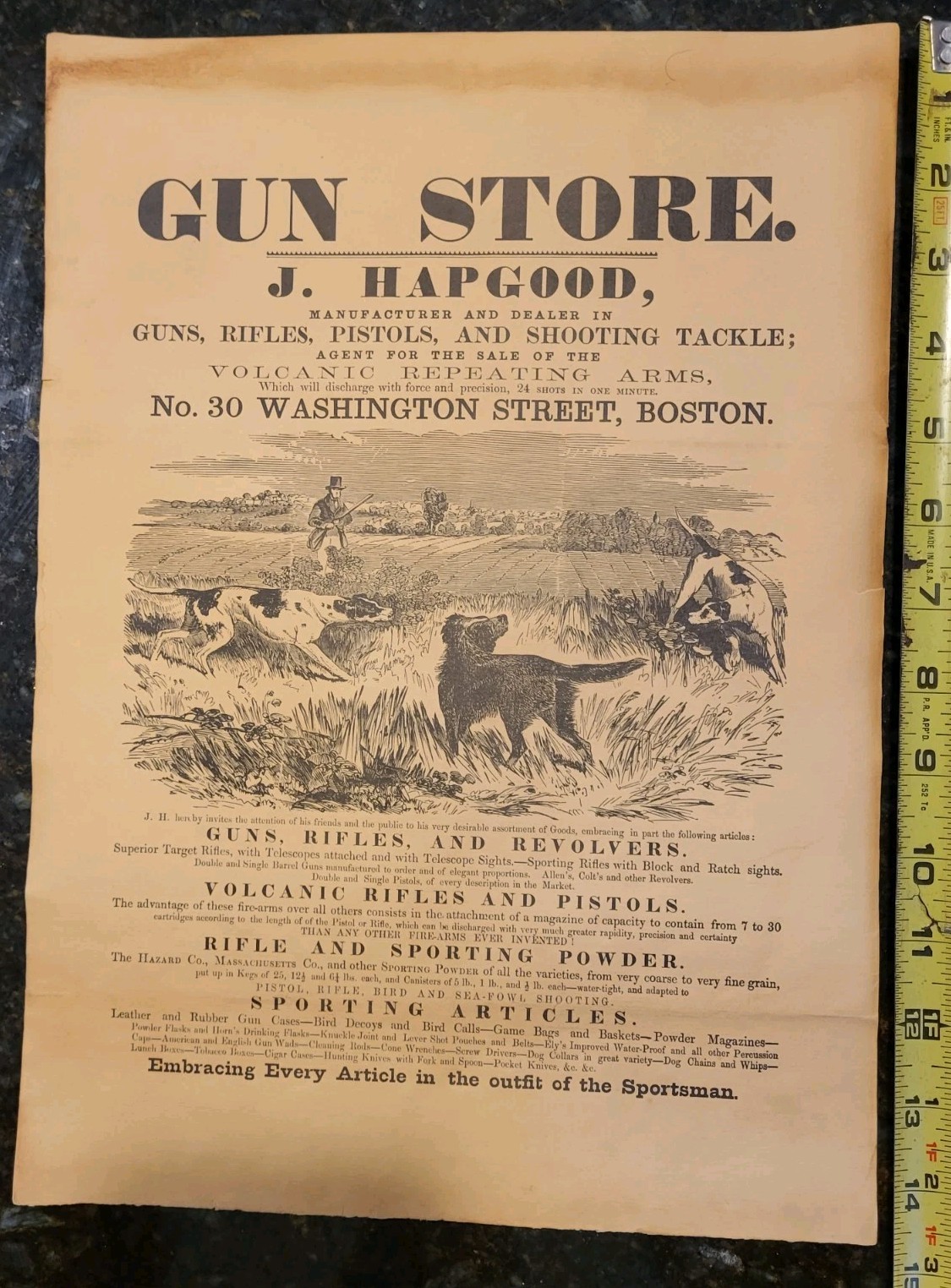 RARE 1800s J.HAPGOOD GUN INTERIOR STORE 11″x15″ BROADSIDE RIFLE WEAPON BOSTON