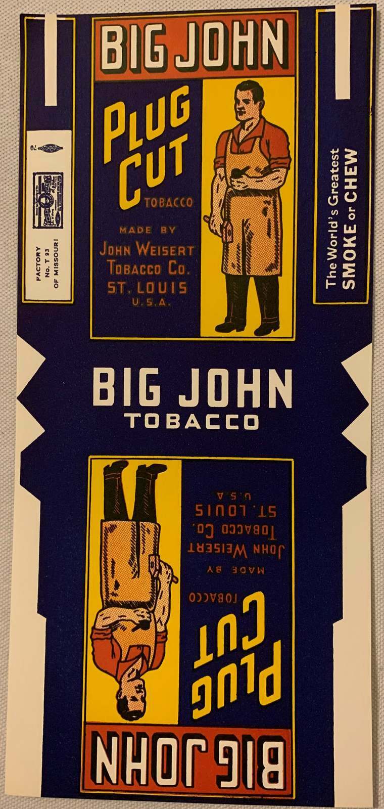 Antique Vintage Big John Plug Cut Tobacco Double Label St Louis, MO 1920s
