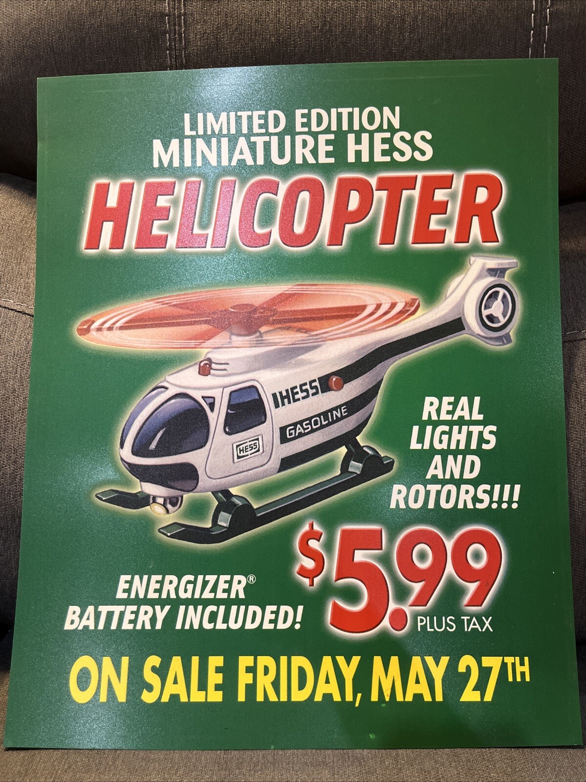 Vintage Hess Miniature Helicopter Plastic Display Promotion Sign Poster