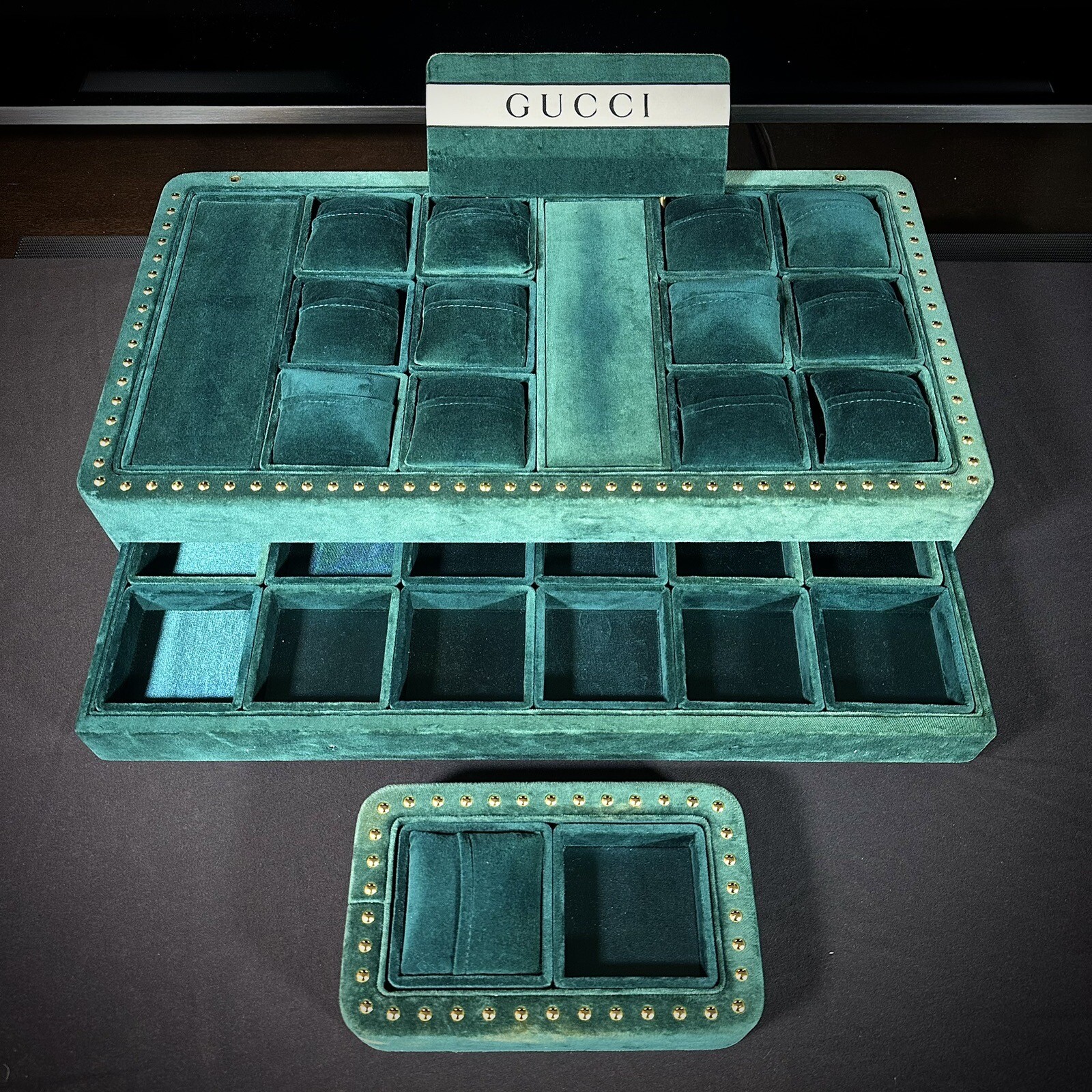 RARE~ Vintage 6-Row Gucci Store Display w/Drawer + Brand Sign & 2-box Side Piece