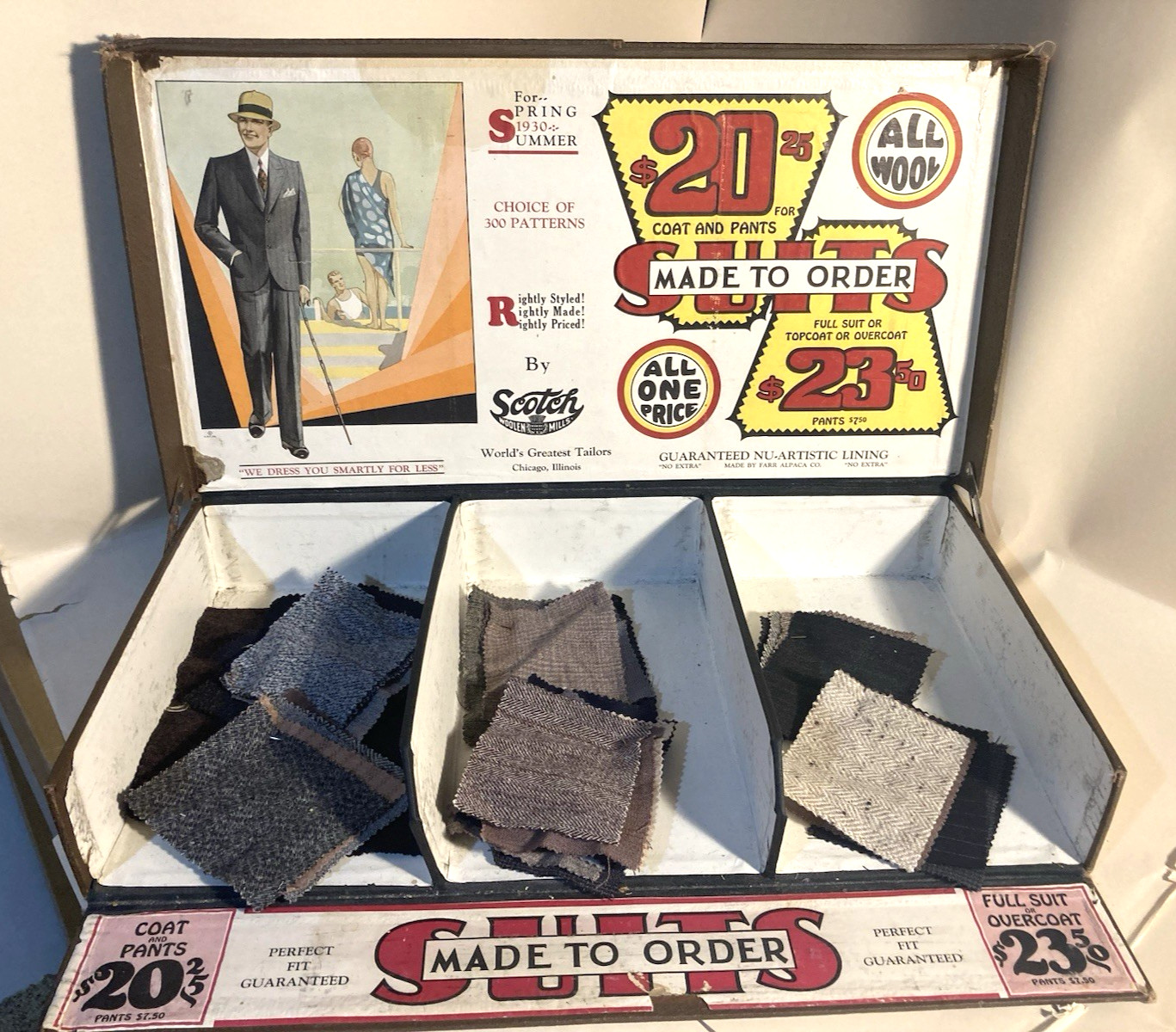 1930-SCOTCH WOOLEN MILLS WOOL SUIT SALESMAN SAMPLE CASE-DISPLAY-COLORFUL-DECO-