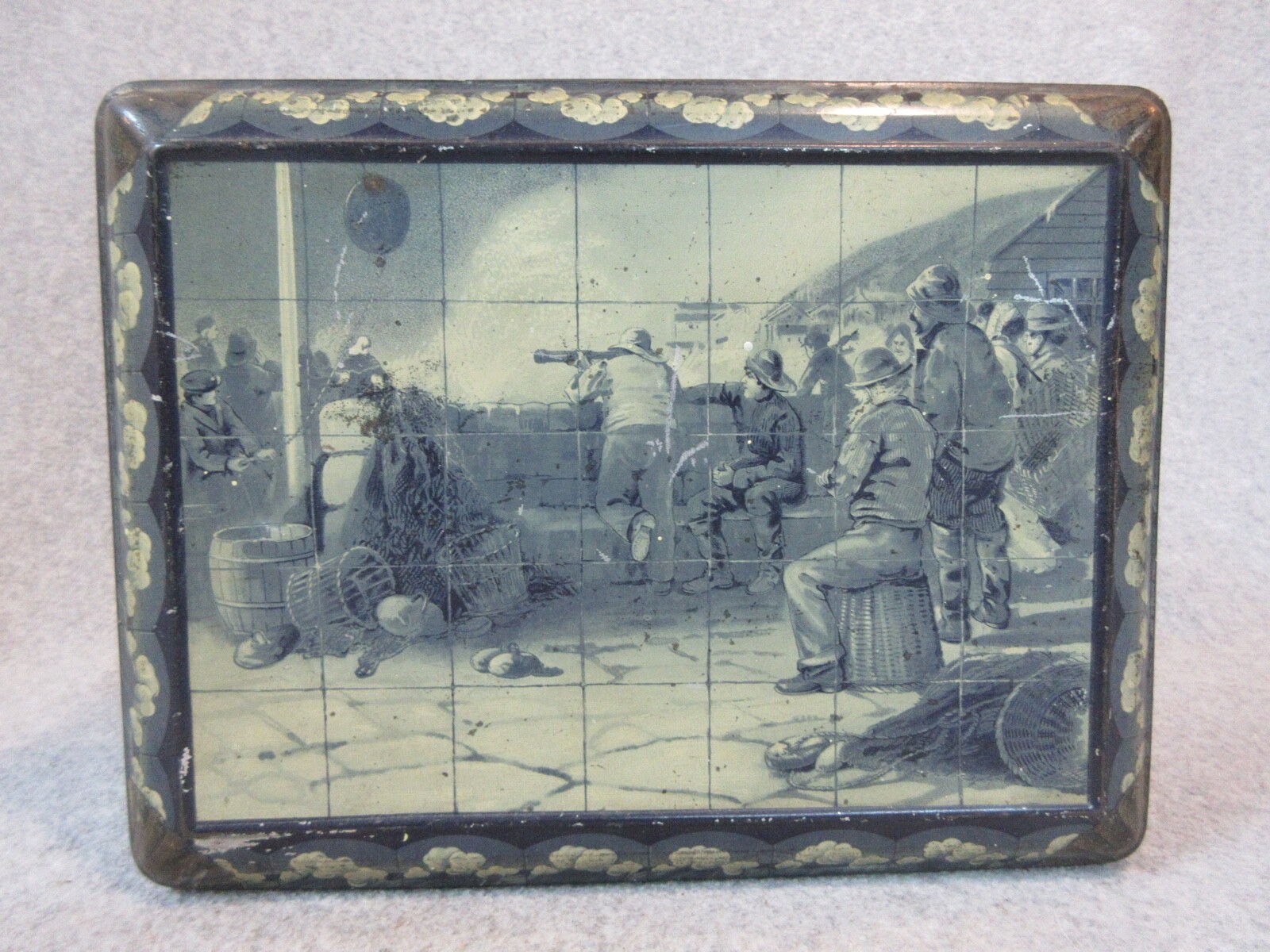 Antique SHIP on STORMY OCEAN & SAILORS Tin CaN STORE COUNTER DISPLAY No Rust
