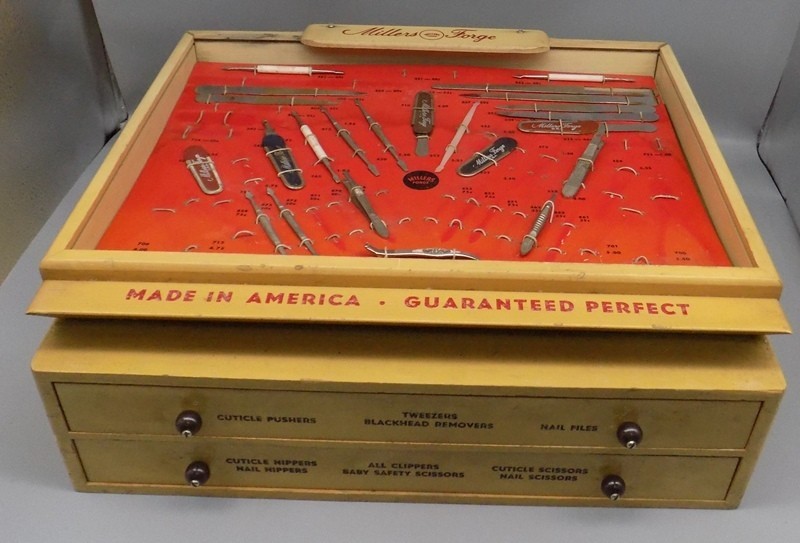 Vintage Millers Forge Store Counter Display 2 Drawer w/ Implements Pharmacy