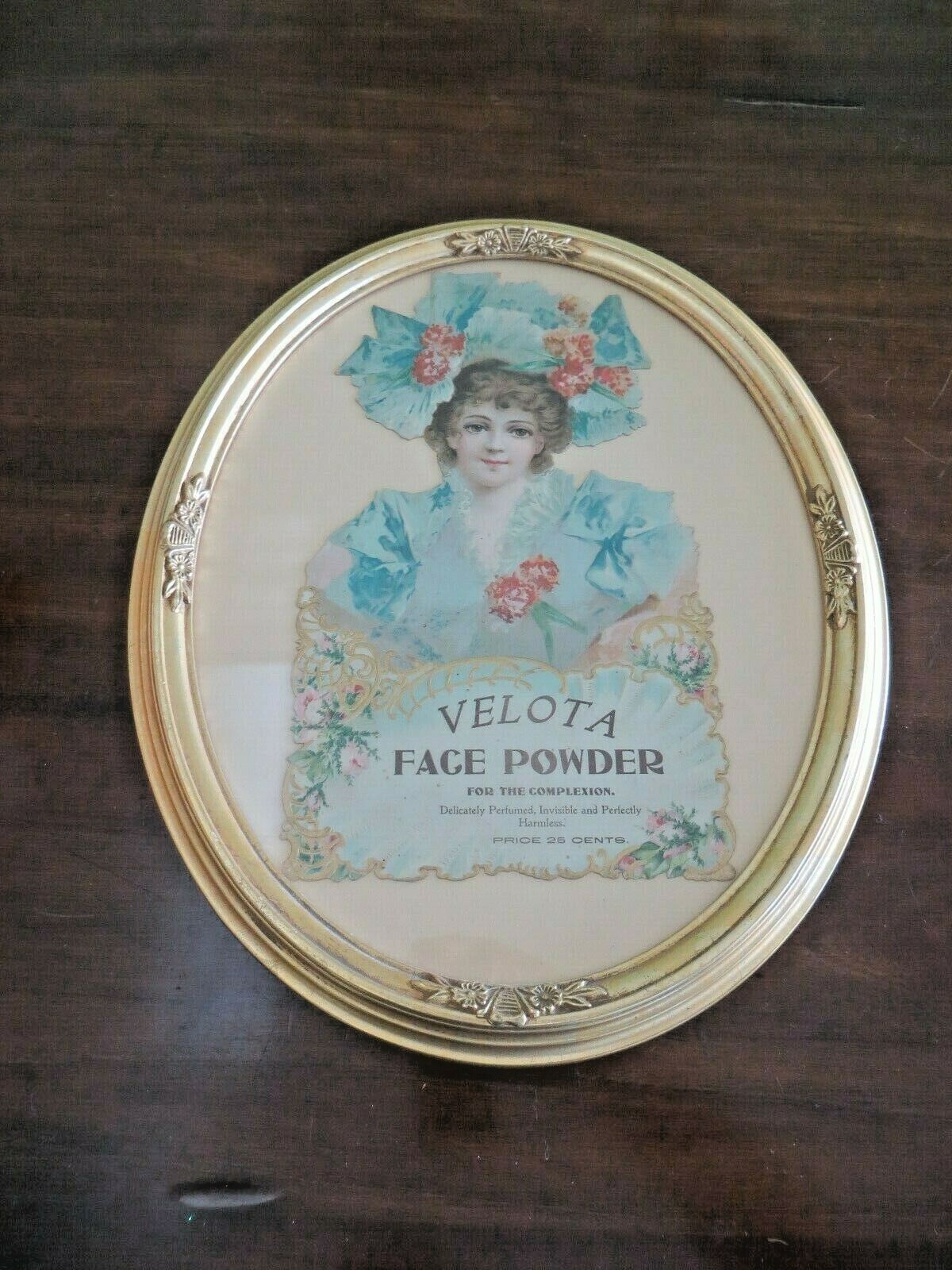 VELOTA FACE POWDER DIE CUT CARDBOARD 1800’S CIRCA FRAMED UNDER GLASS SIGN