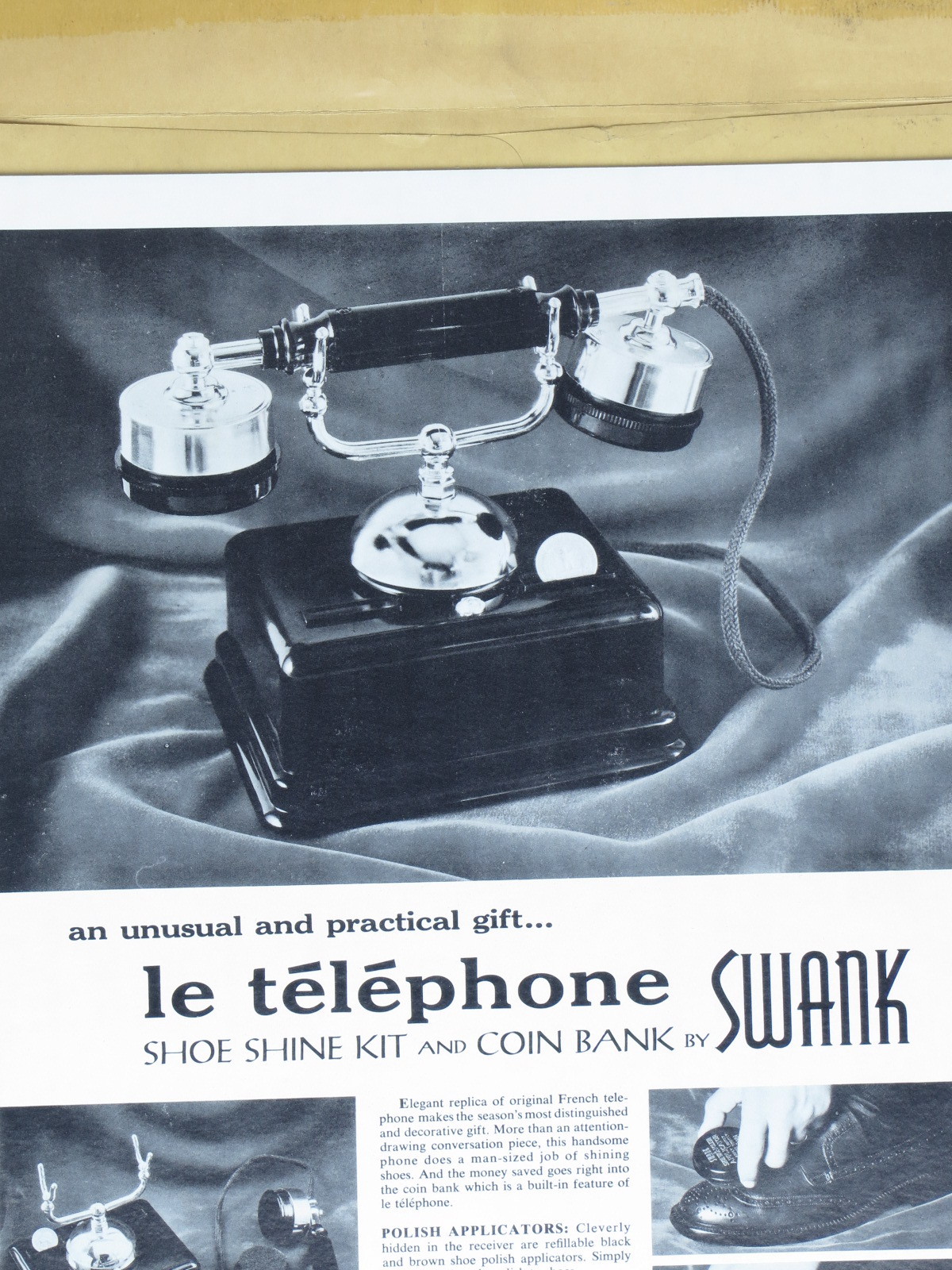 Swank Store Advertising Vtg Counter Card Shoe Shine Kit Coin Bank Le Telephone