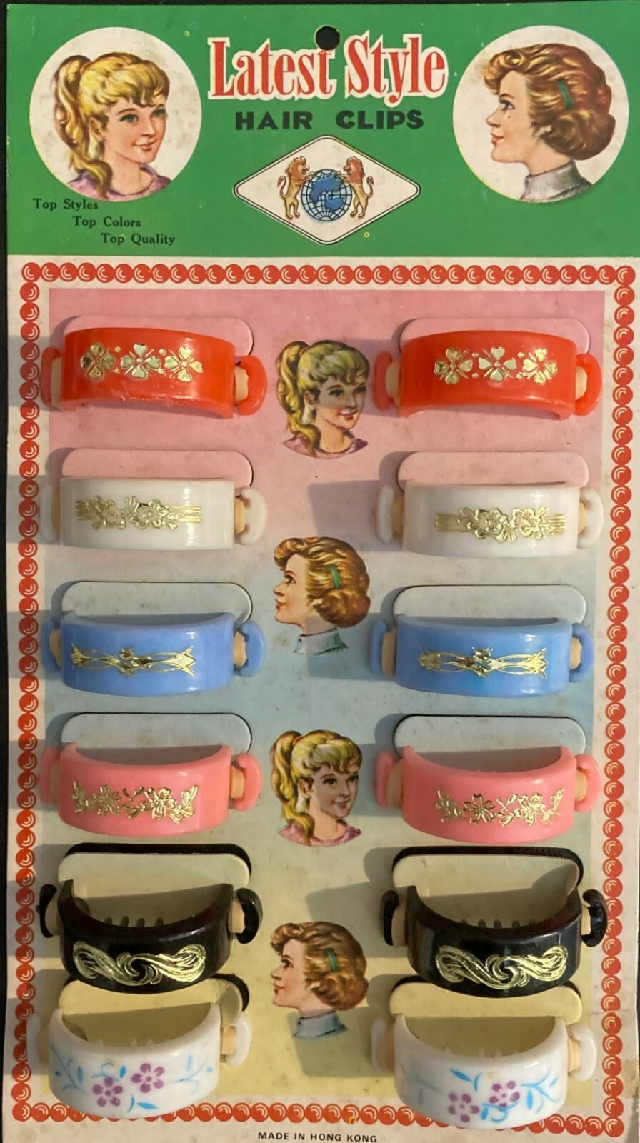 1960s Display Card of 12 Latest Style Hair Clips 2 Lions w/Paws on the World S#1