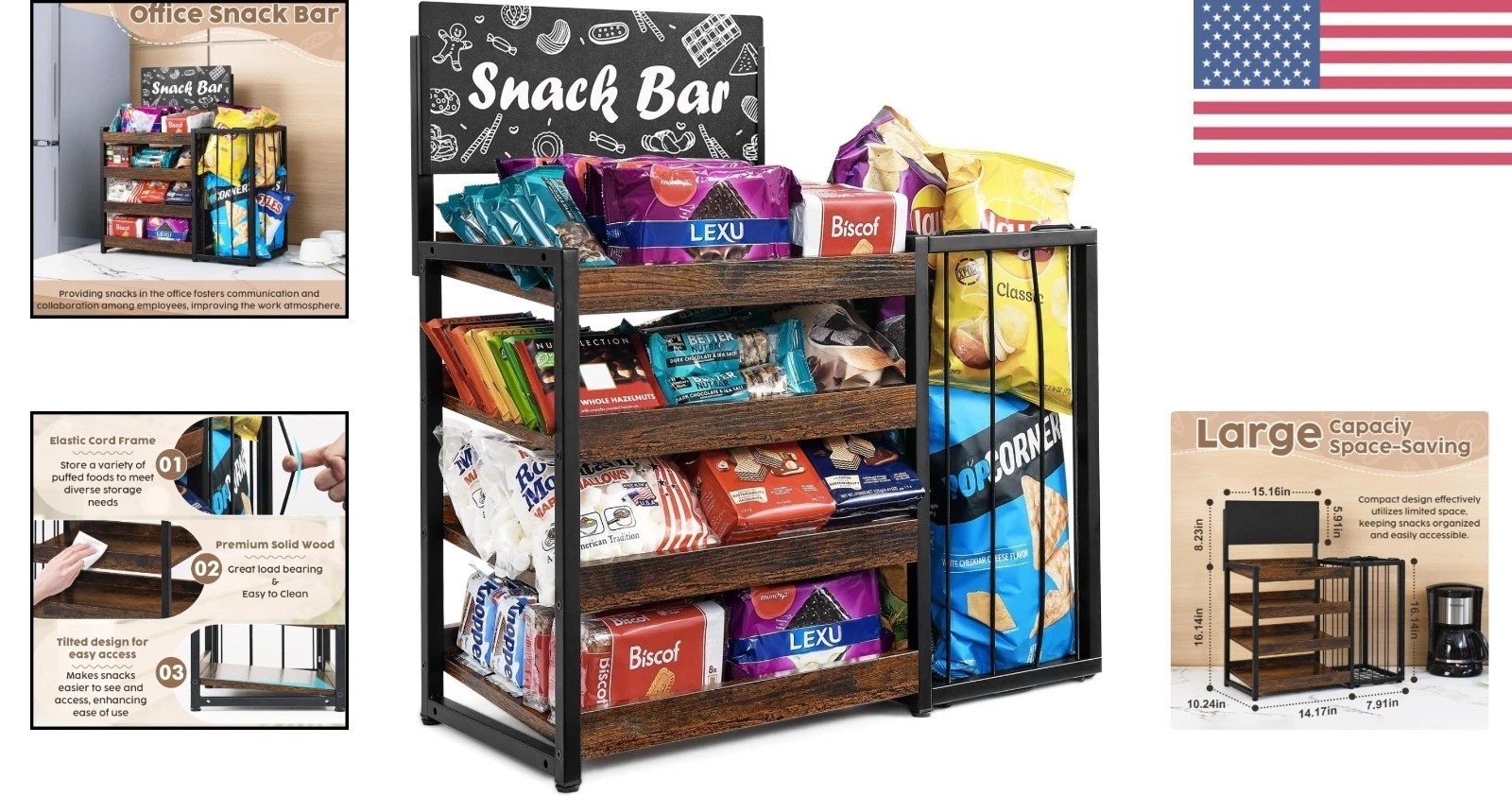 Rustic Wood & Metal Snack Organizer 4-Tier Display for Kitchen & Retail Spaces