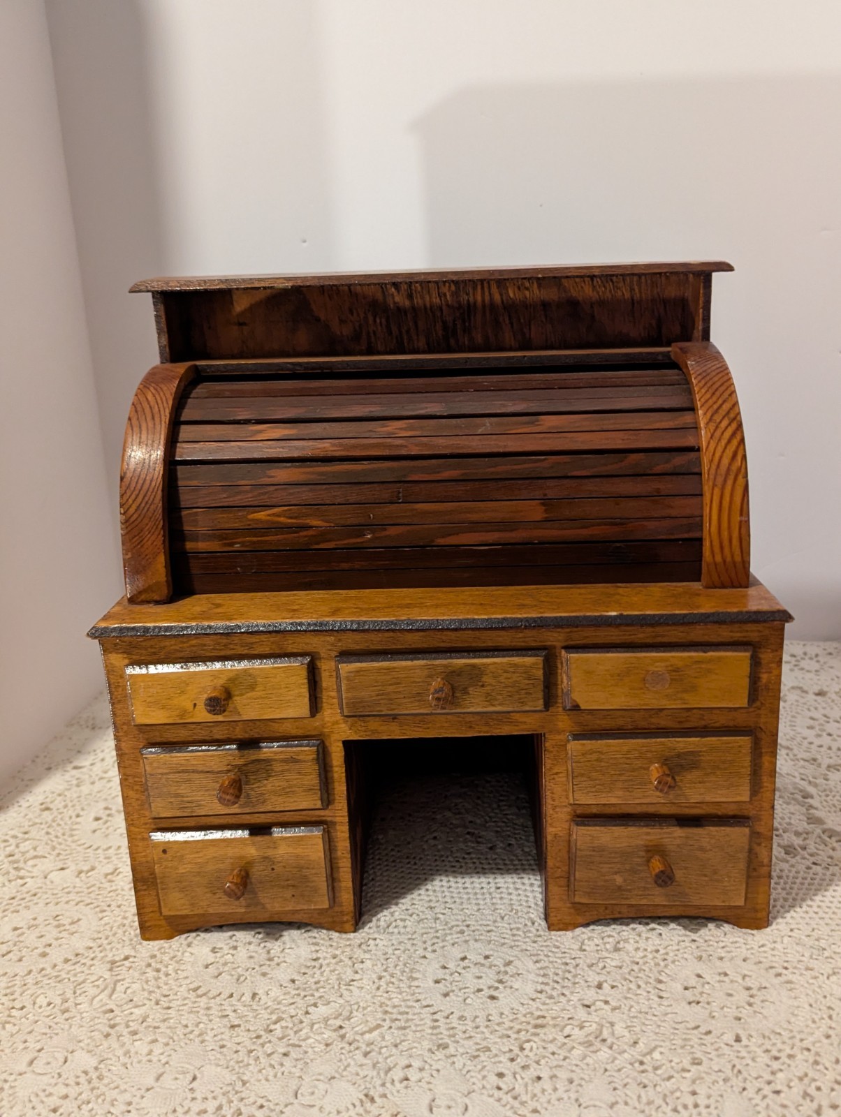 Rare Vintage Miniature Salesman Roll top Desk With Red Felt Lined Drawers