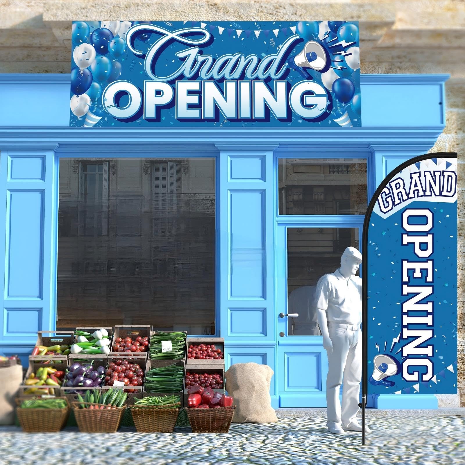 Fanfanwin 7 ft Blue-white Grand Opening Feather Flag for Business Grand Opening