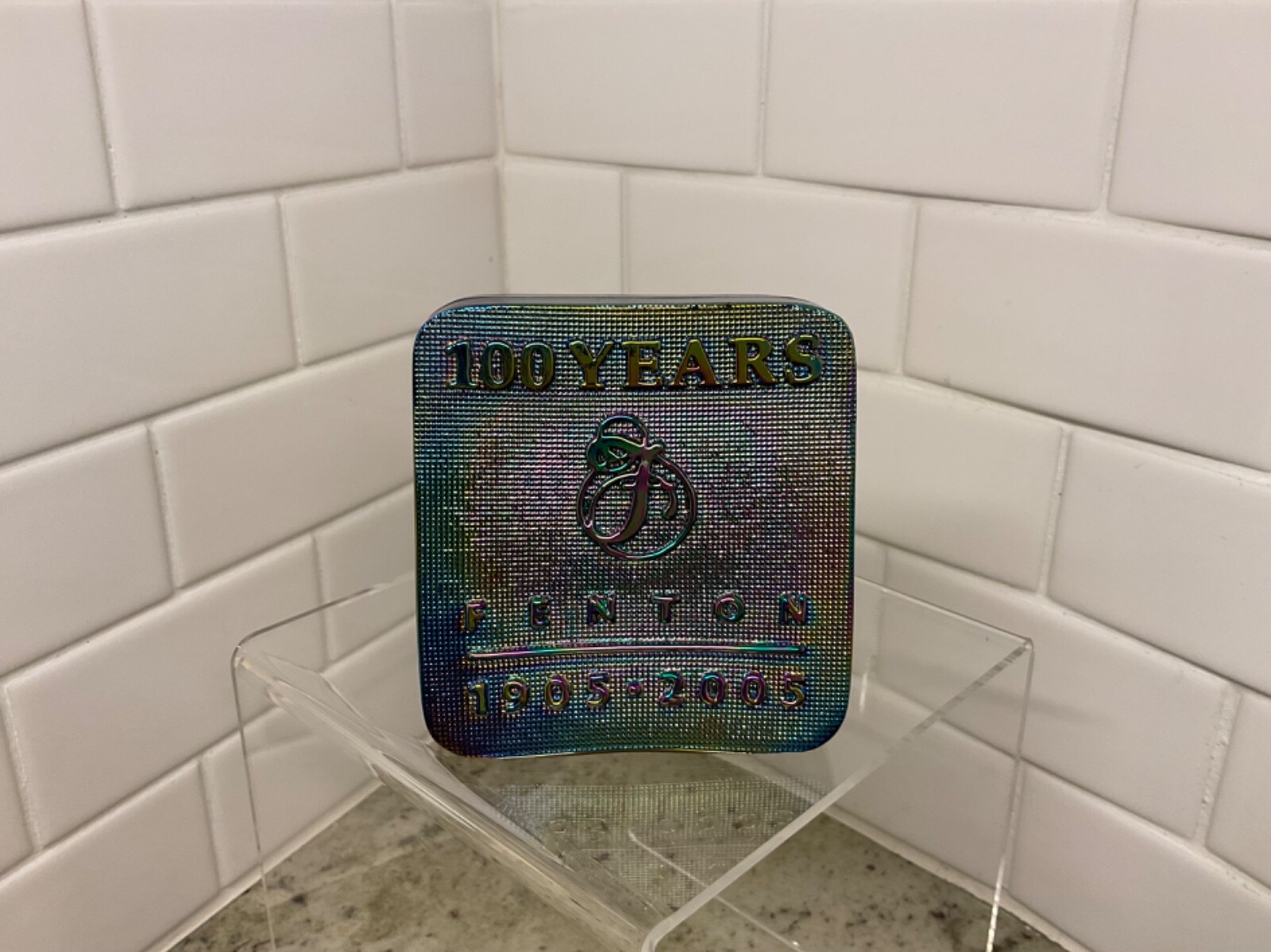 FENTON 100 Year Anniversary Logo Dealer Sign Paperweight Carnival Glass Vintage