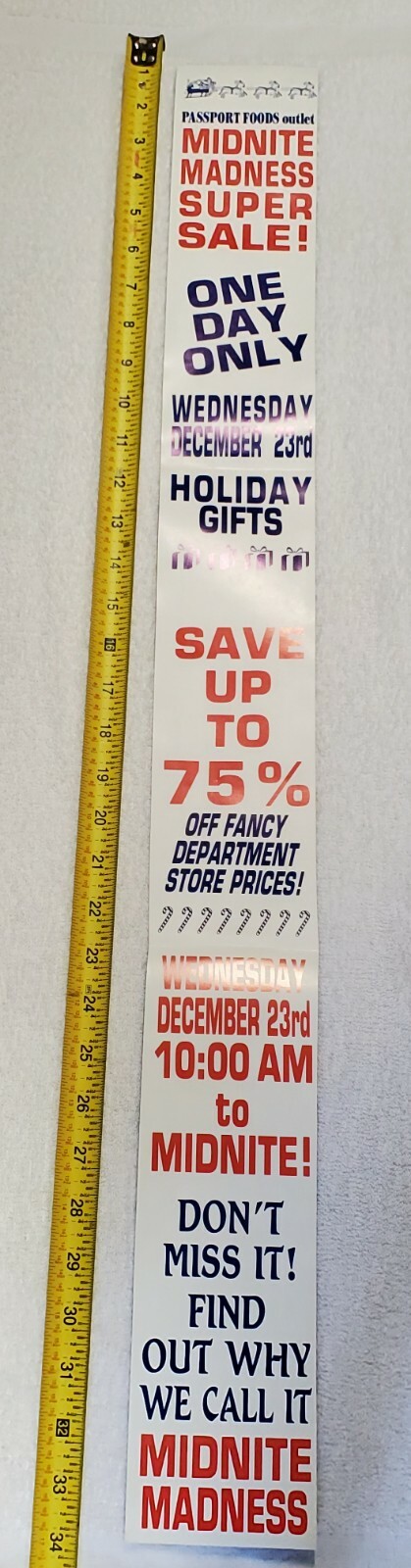 Vintage 1970’s Midnight Madness 34″ Display Advertising Sign Sales Shop Banner