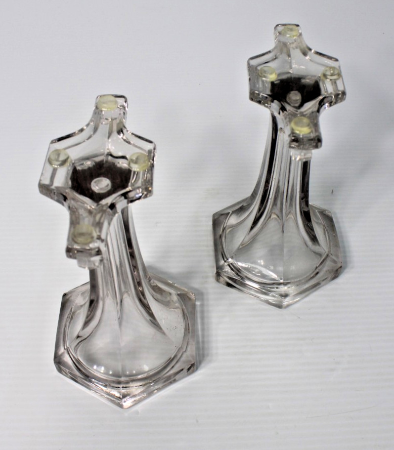 Antique Clear Glass Shelf Risers, Pedestals, Store Display Columns Pair 7-1/4″H