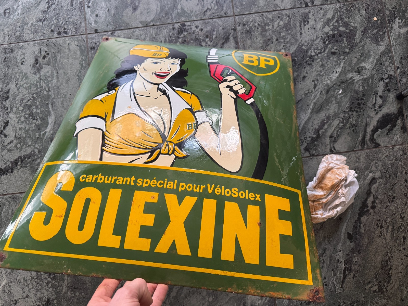 ANTIQUE ENAMELED PLATE BP OIL SOLEXINE 60x40cm GARAGE AUTOMOBILIA PUB