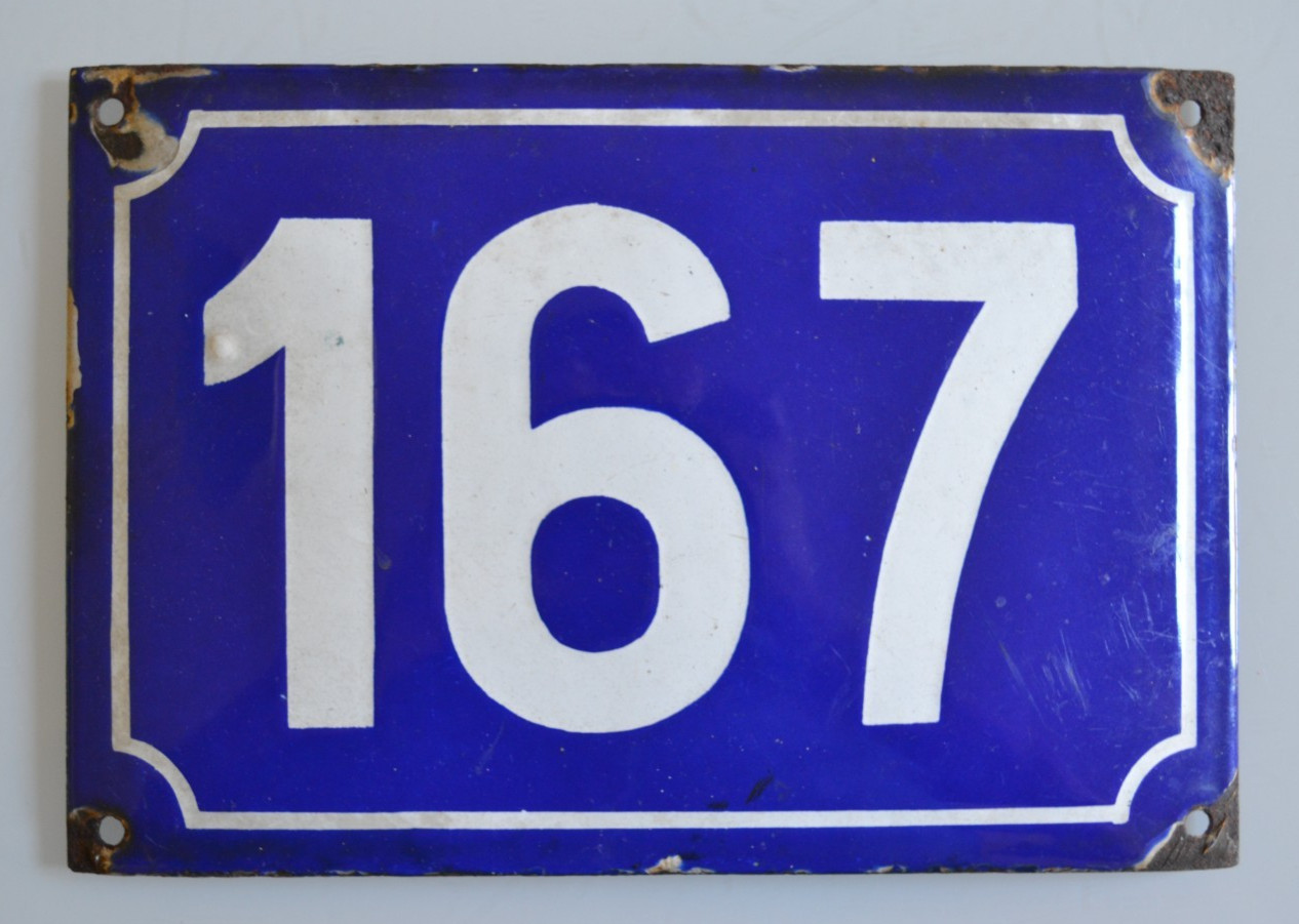 old domed enamelled sheet metal plate street number 167