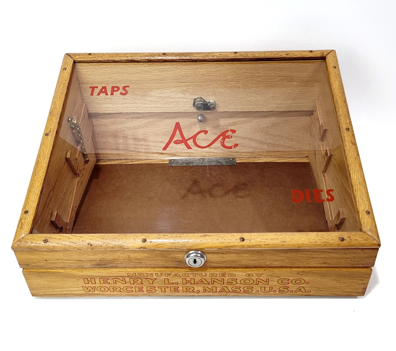 Henry Hanson Ace Original Tap & Die Wood Glass Display Case w/ Taps and Dies