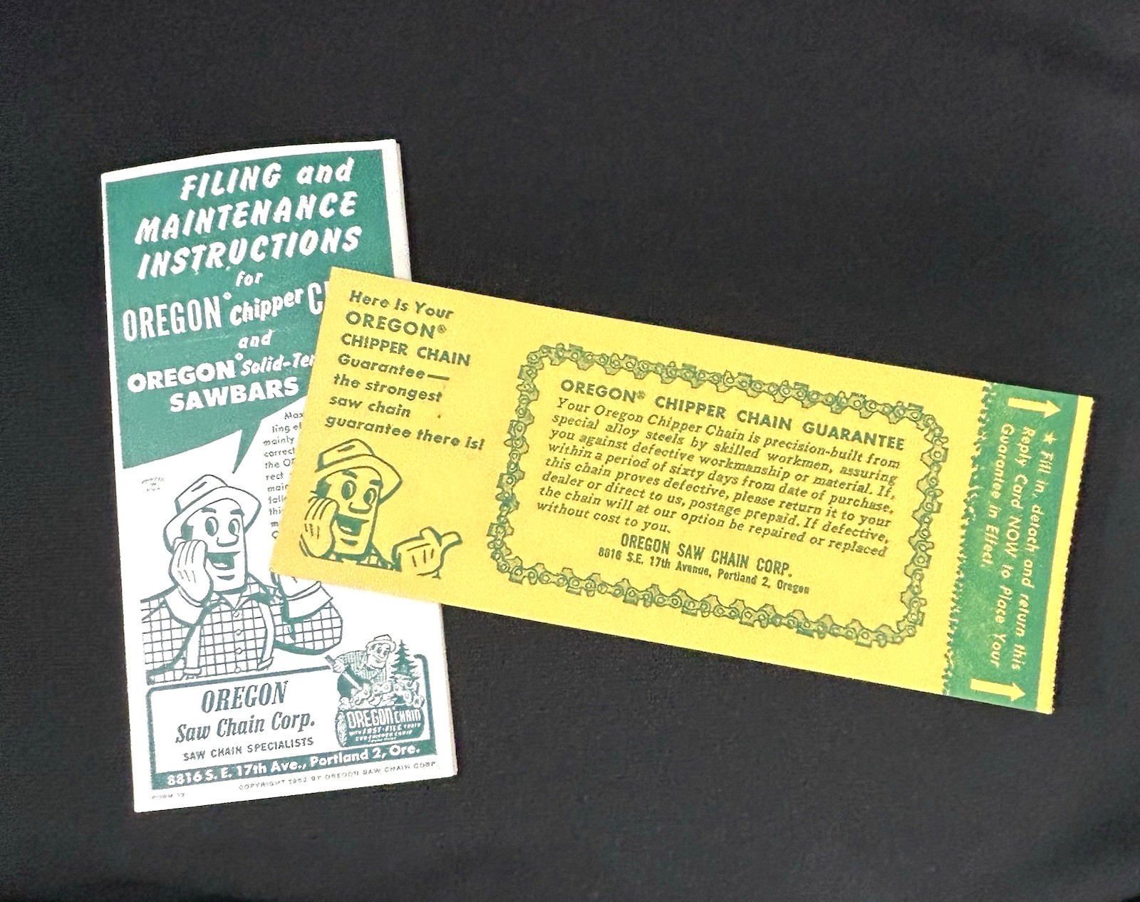 1952 Oregon Chipper Chain Filing Maintenance Leaflet & Guarantee, Advertising