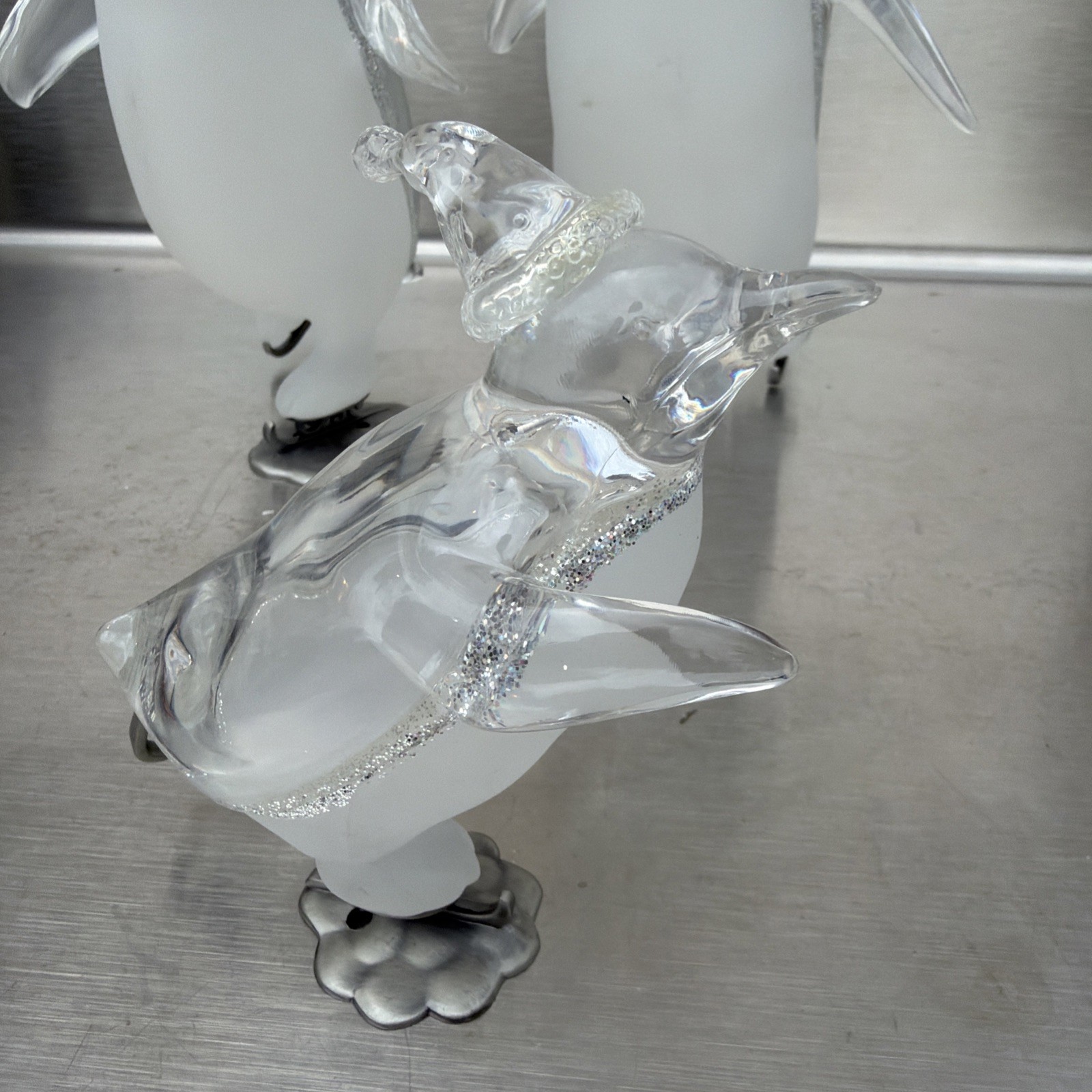 Lot Of 3 Lucite Penguin On Ice Skates MCM Clear & Frosted Movie Prop- Vintage