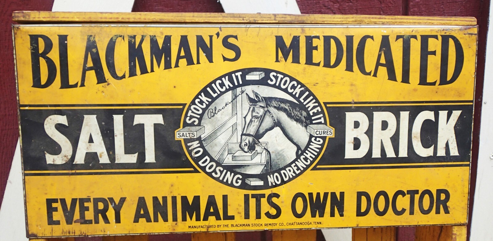 ANTIQUE BLACKMAN’S MEDICATED SALT BRICK TIN SIGN WOOD STORE SHELF RACK DISPLAY