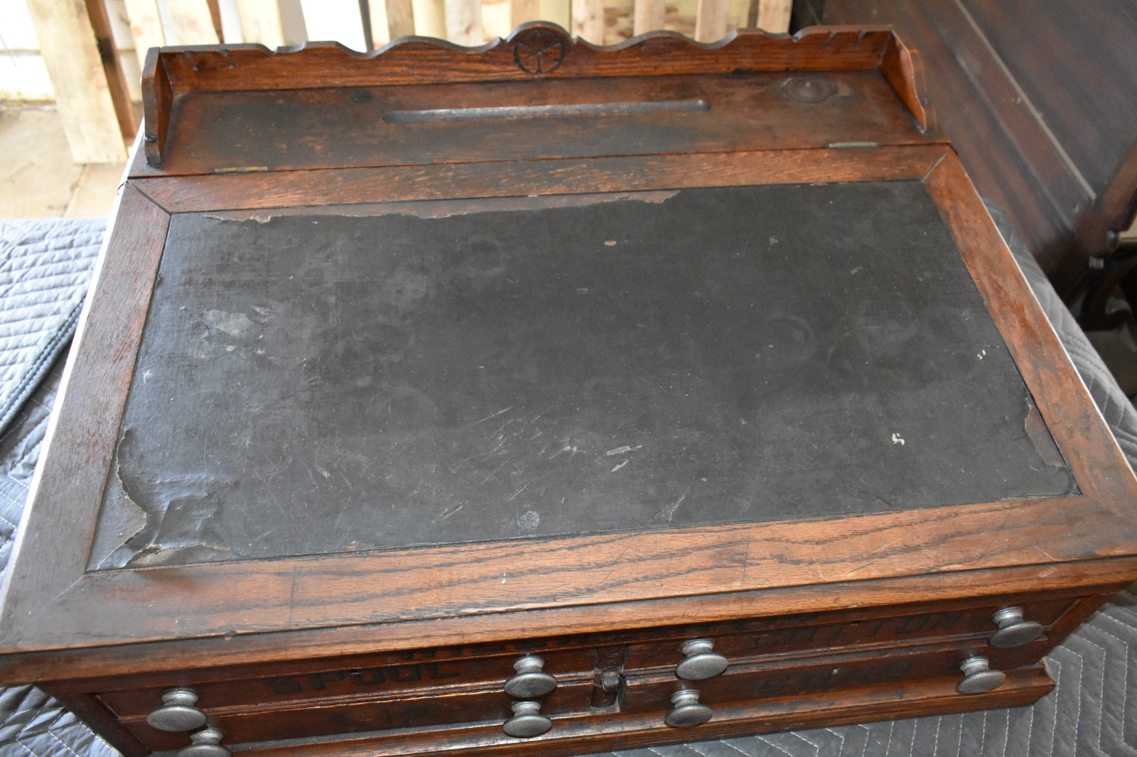Antique Willimantic General Store Spool Cabinet w/ Leather Writing Top 1900