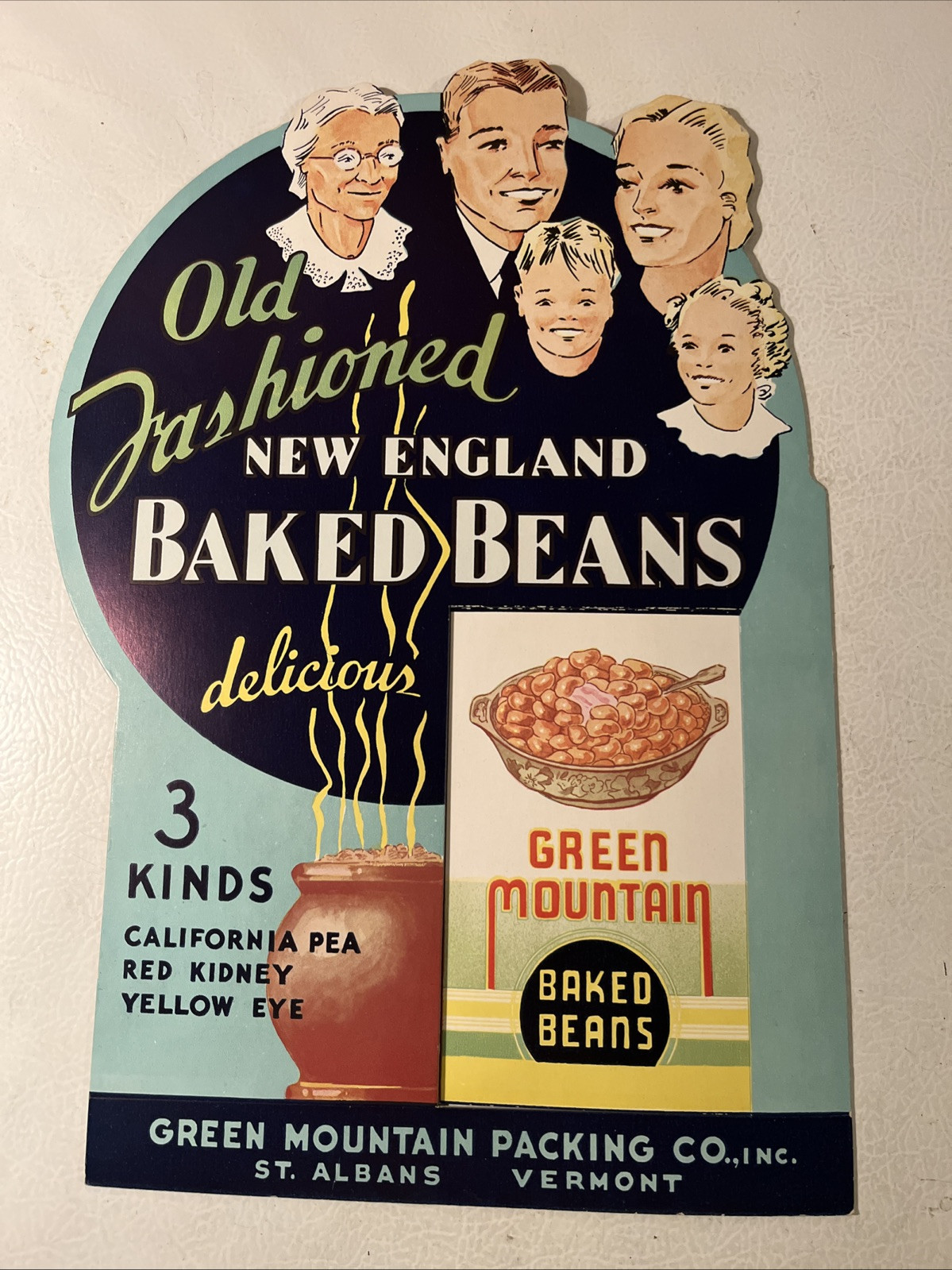 Vintage 1950s Green Mountain Packing Baked Beans Cardboard Sign Store Display