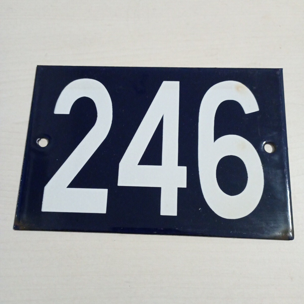 Old street number, house enamelled plaque, 15×10 cm, blue No. 246