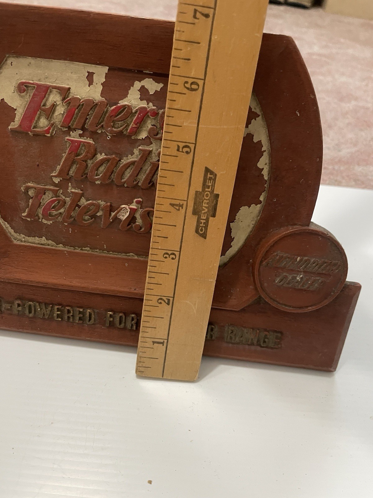 VTG Emerson TV Radio Dealers Store Counter Display Plaque Stand Advertisement