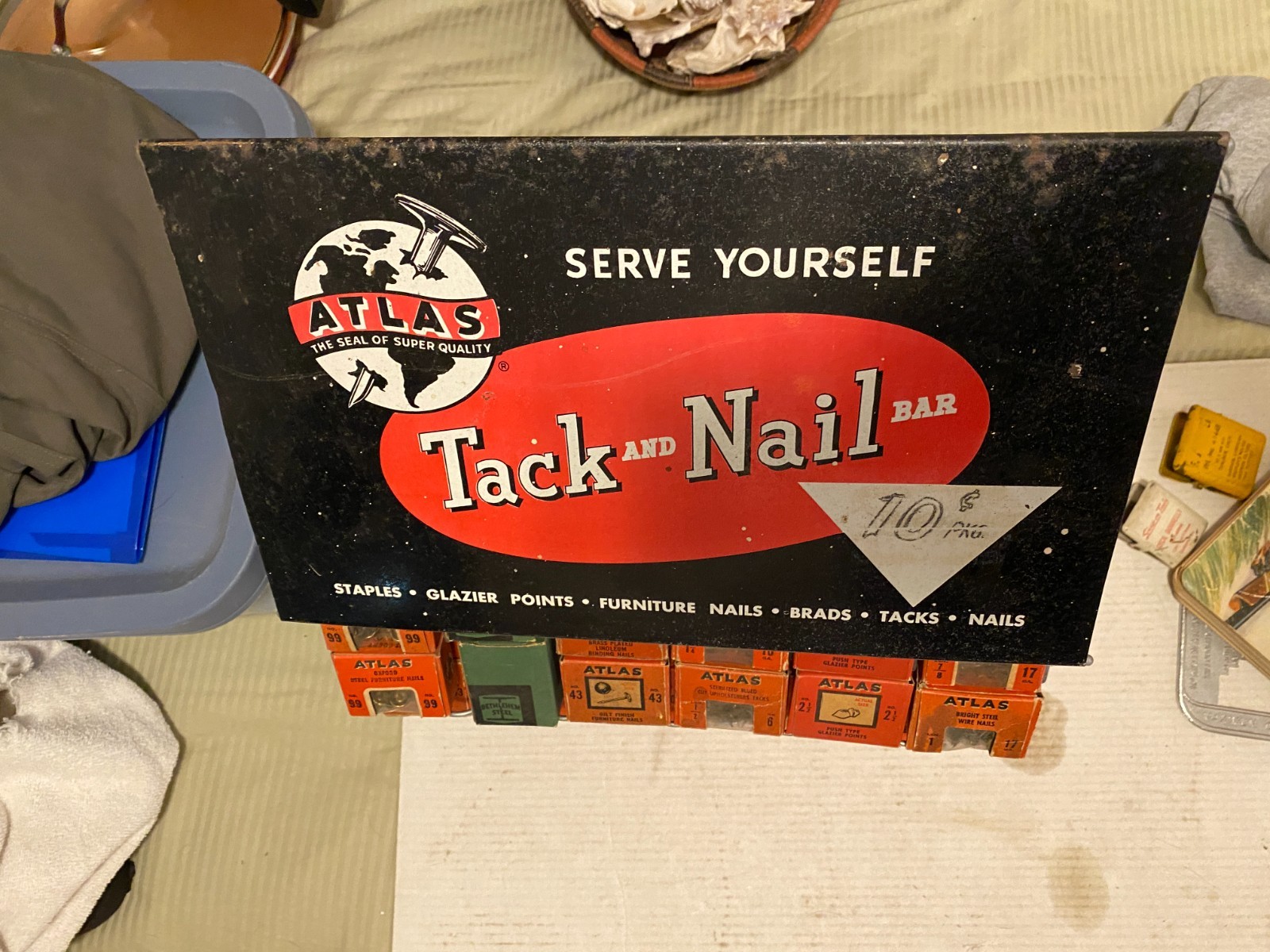 Vintage Atlas Tack and Nail Bar wire rack counter display w/ (65) NOS boxes
