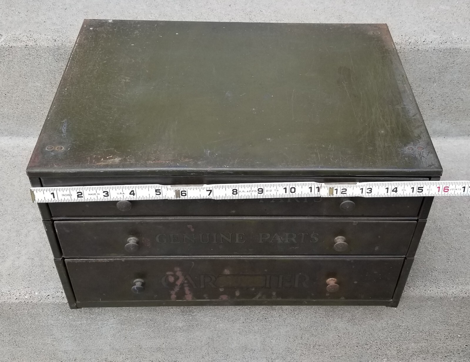 Vintage Carter Carburetor Genuine Parts Bin Cabinet Automobile Front & Back ADV!