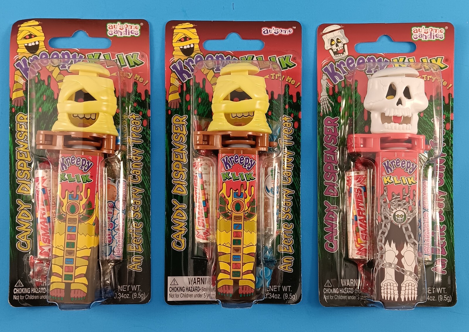 HALLOWEEN KREEPY KLIK Smarties Candy Dispensers 2 Mummies, Skeleton 2004 & 2008
