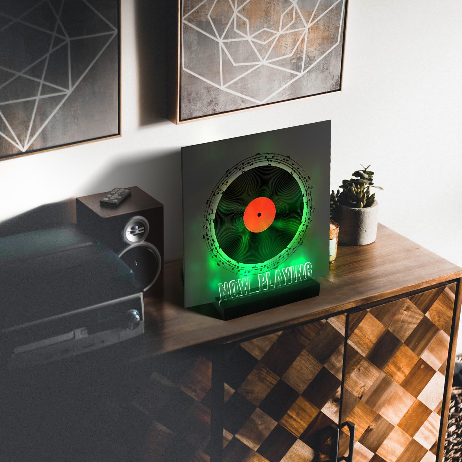 Woodoulogy Now Playing Vinyl Record Stand,Light Up Wooden Album Display Black
