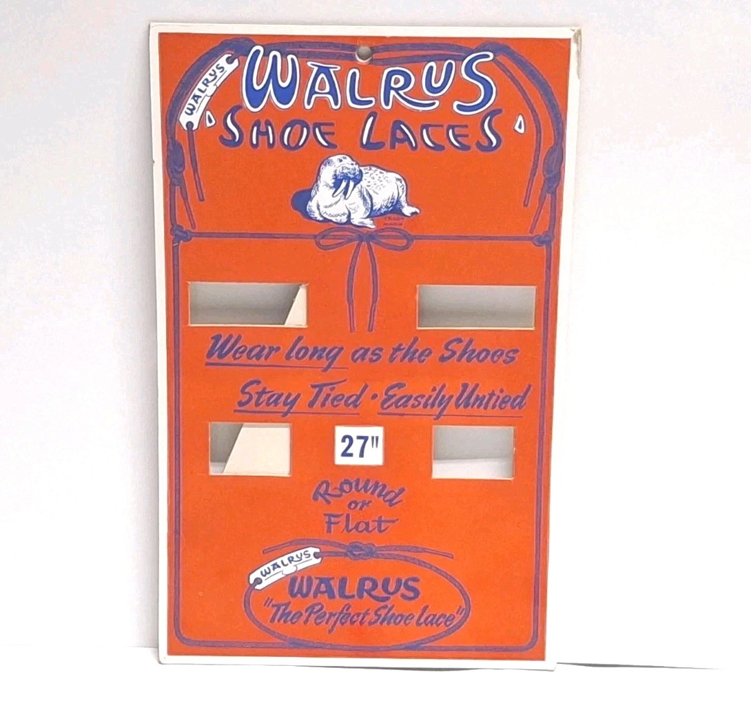 Walrus Shoe Laces Vintage 1940’s Store Cardboard Display Sign