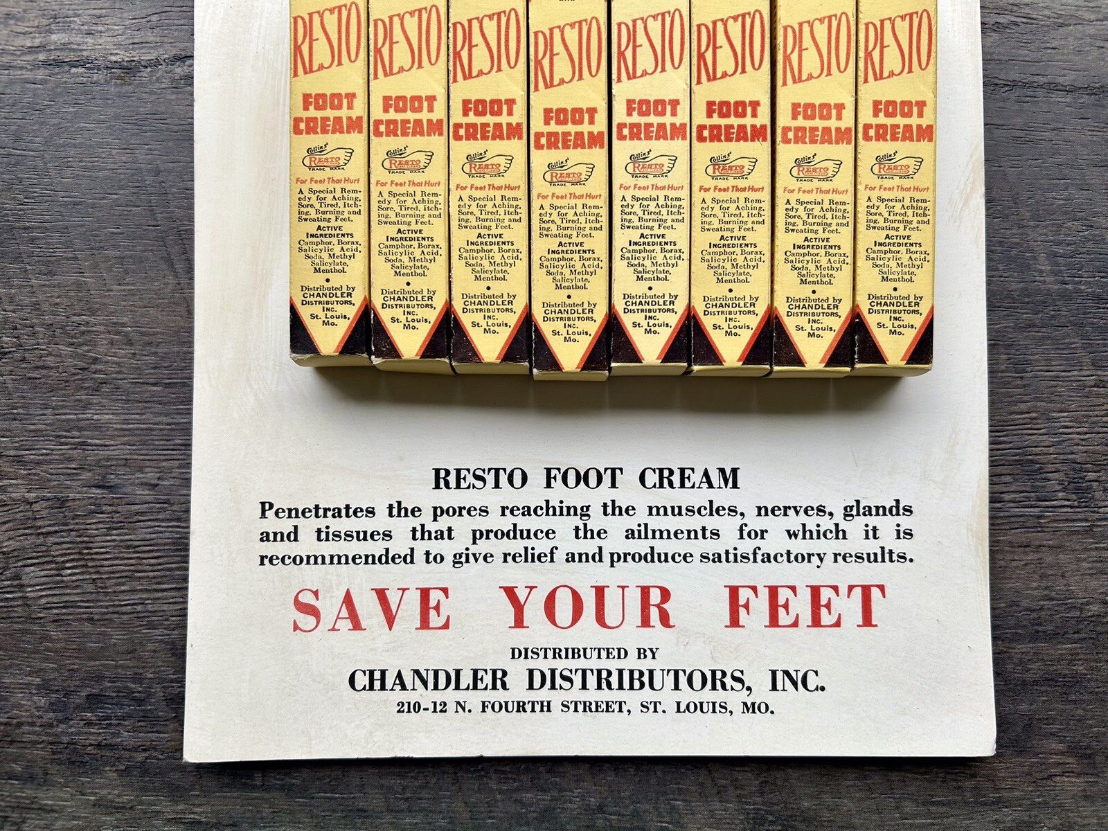 Vtg Resto Foot Cream Empty Packs On Display Point Of Sale Board Advertising Sign
