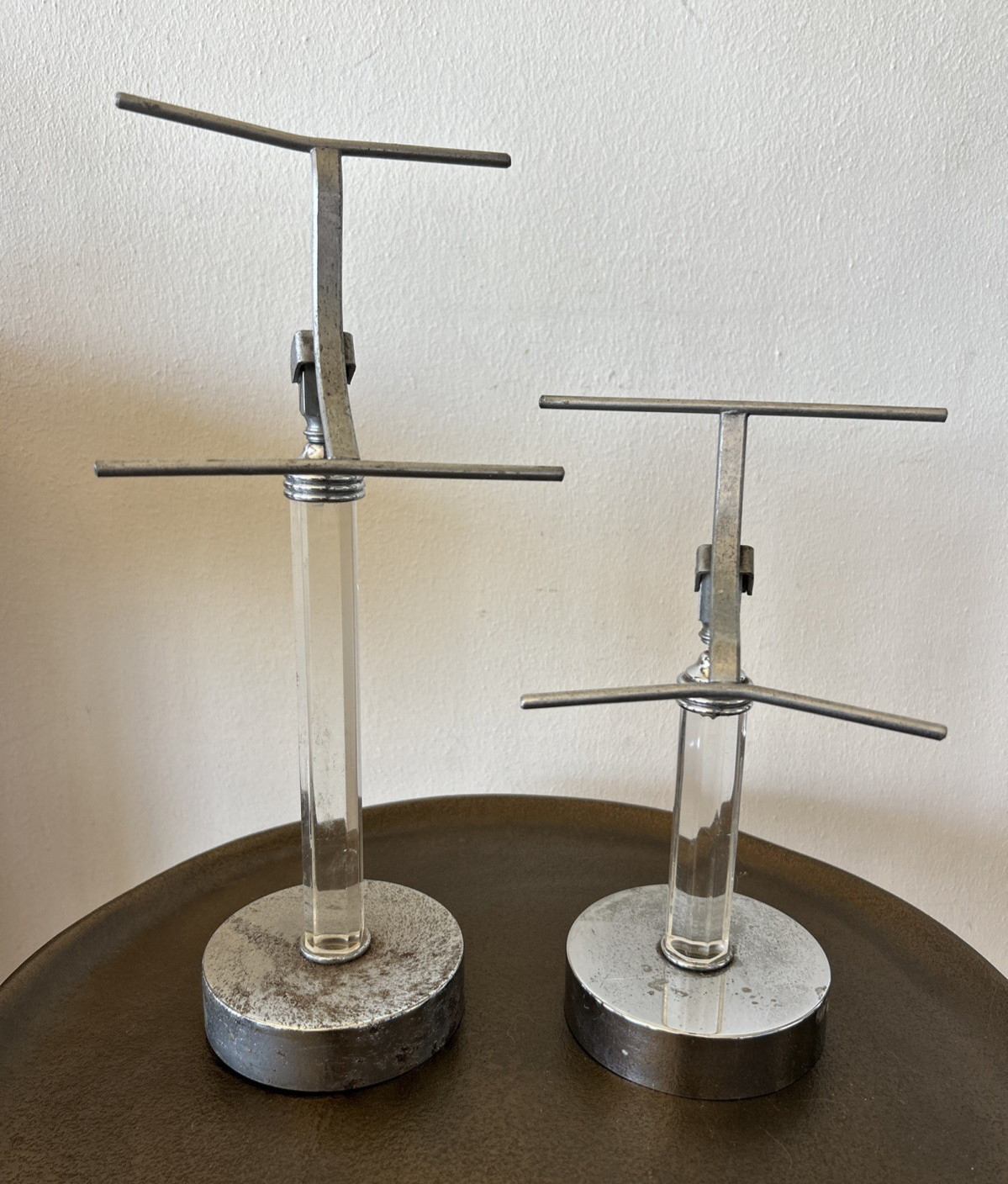 Set of 2 Vintage Shoe Display Stand Mercantile Art Deco Chrome Acrylic? AS IS