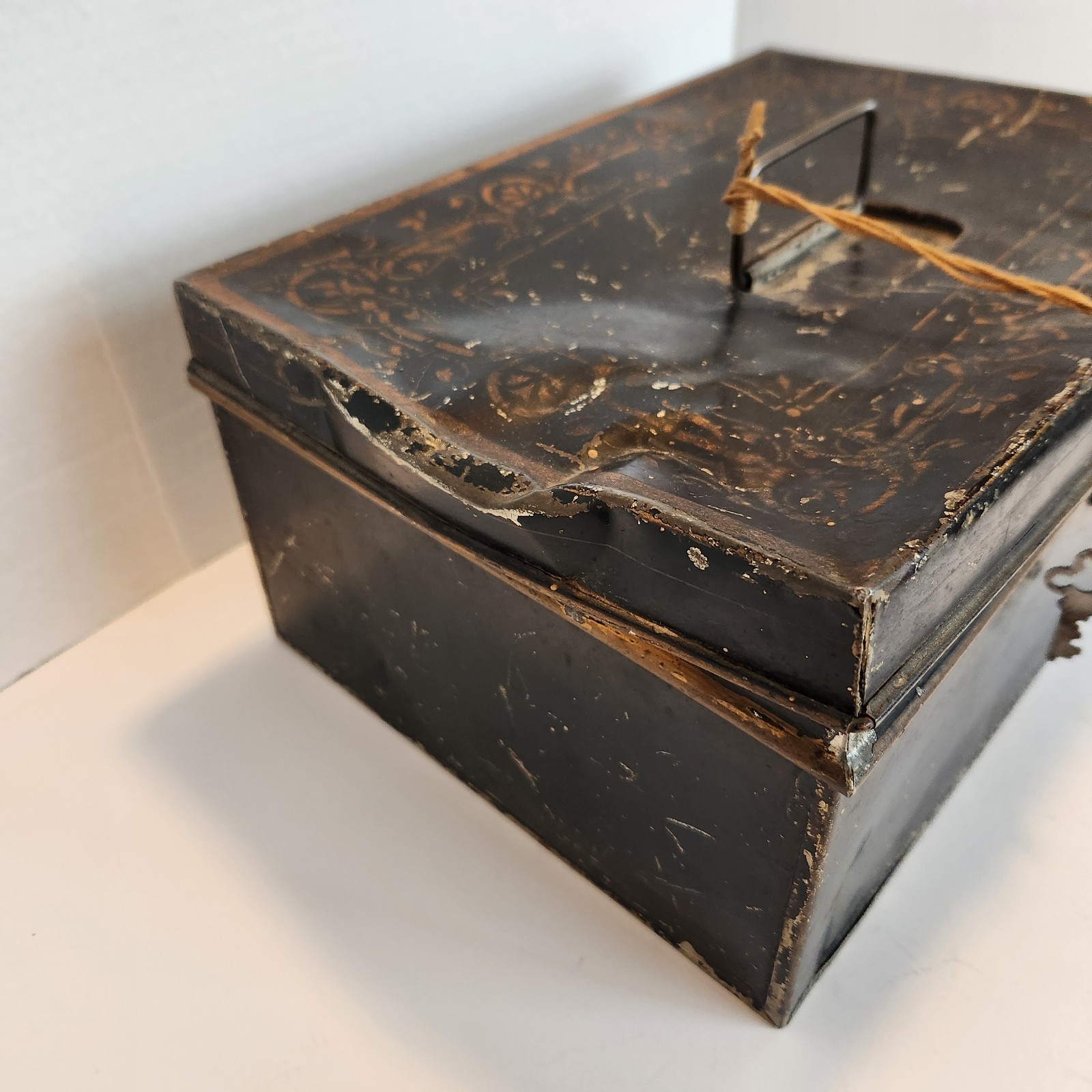 Antique Safe Metal Cash Money Box Black Locking w/Key Gold Scrollwork Distressed