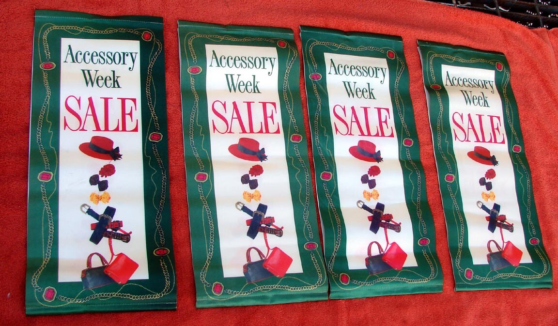 VINTAGE CLOTHING ACCESSORY WEEK STORE SATIN SILK ADVERTISING AD PROMO BANNERS